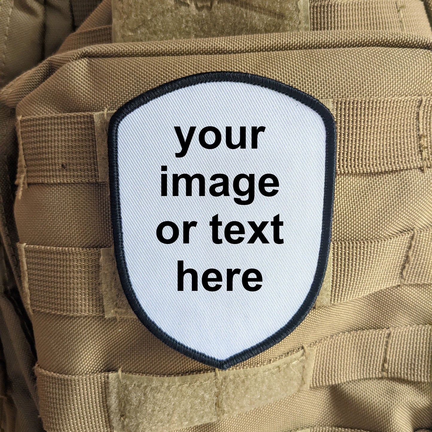 Custom choose your own image or text 3"x4" shield shaped hook & loop morale patch version 2