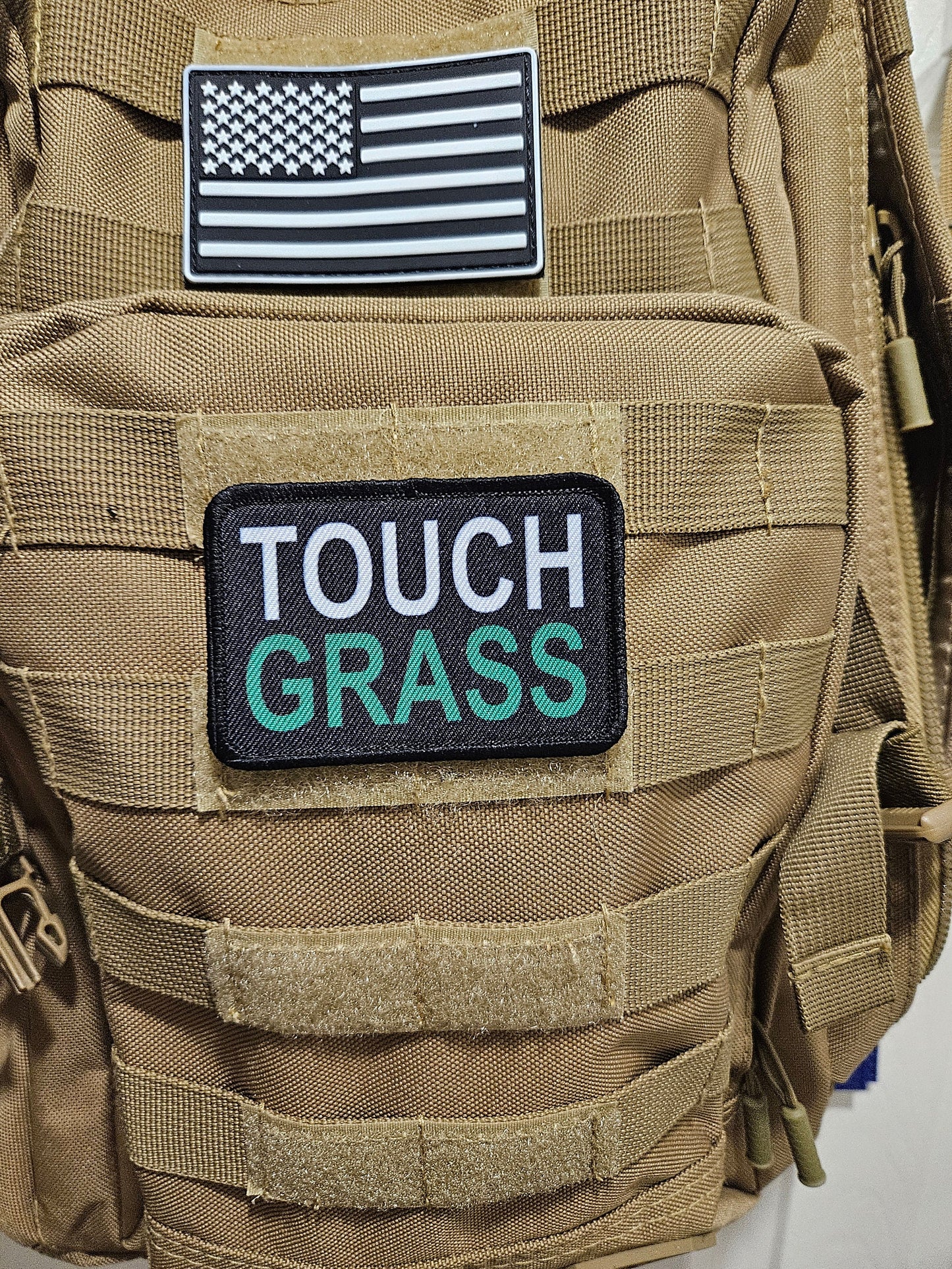 Touch grass meme 2"x3" removable morale patch with hook and loop backing