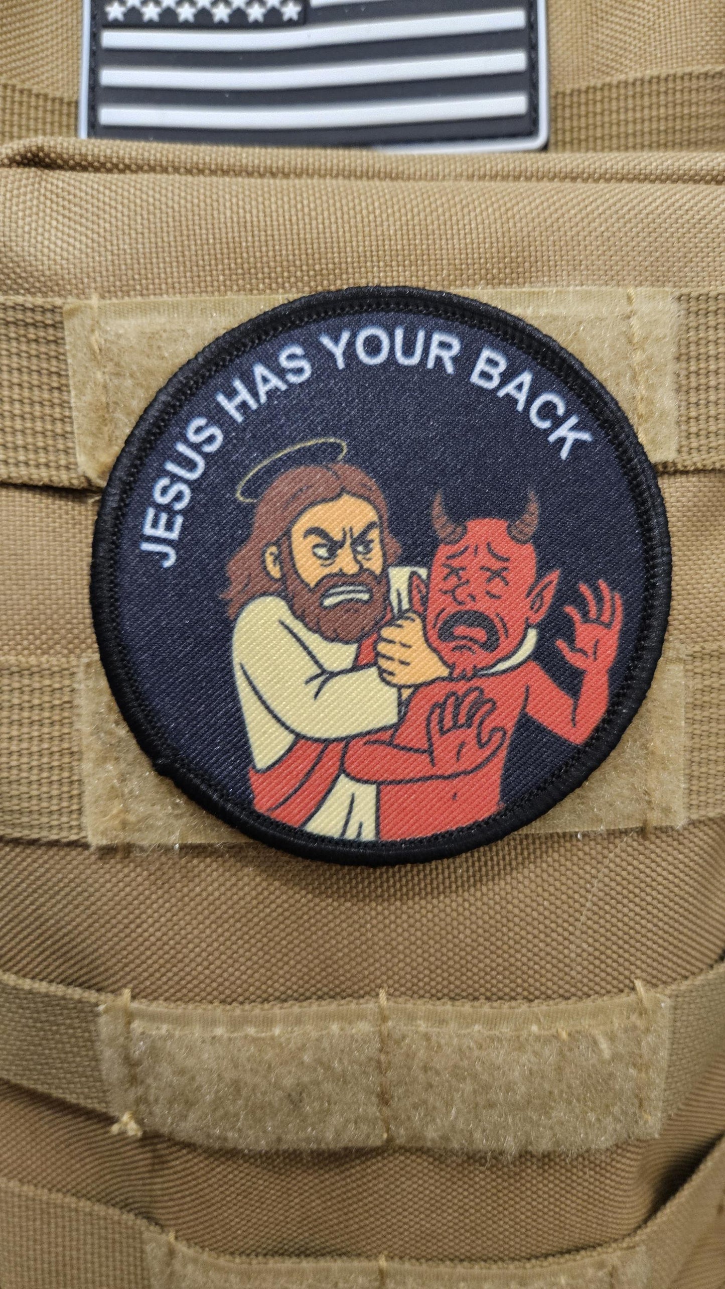 Jesus has your back funny 3" circle removable morale patch with hook and loop backing