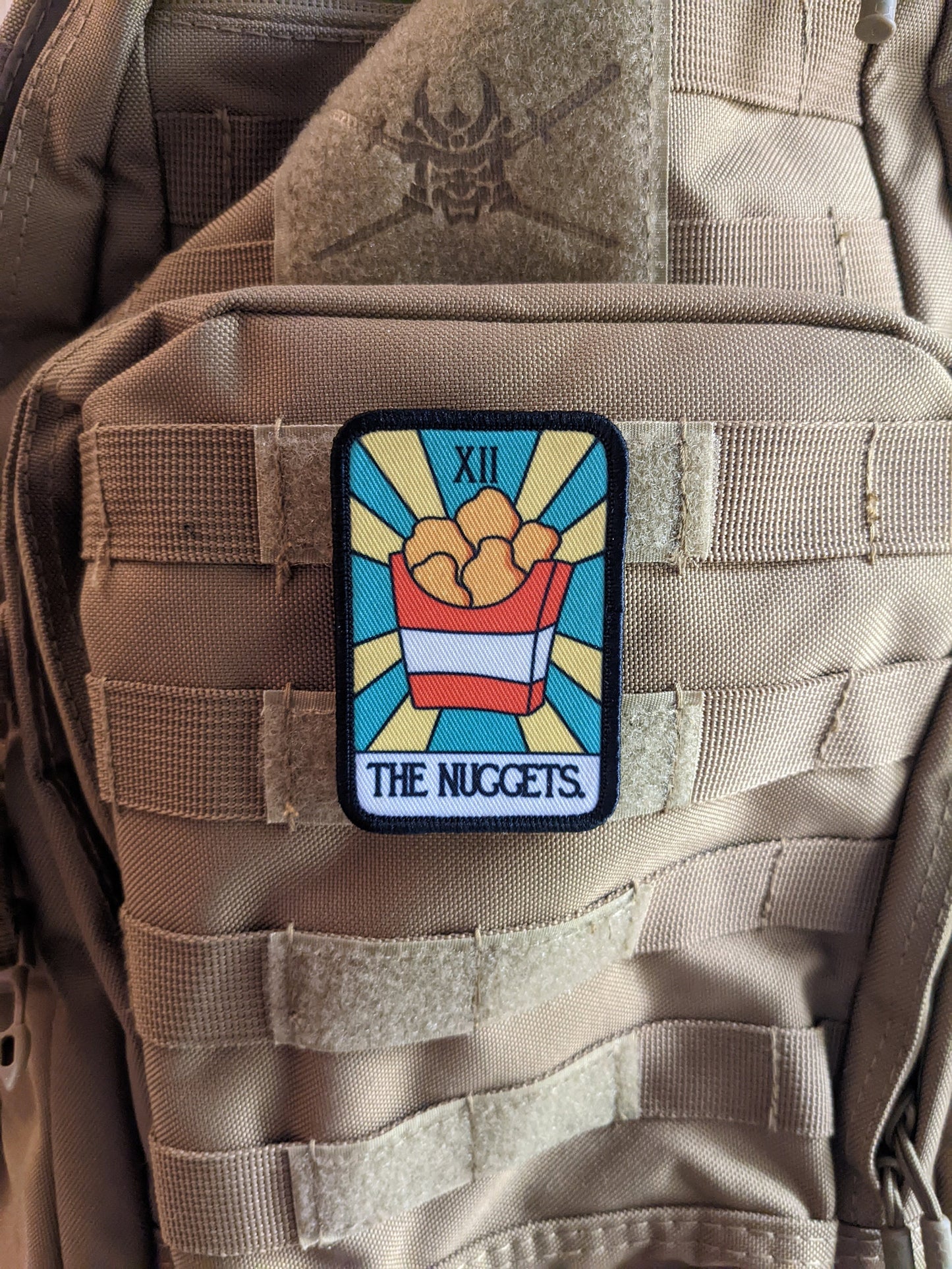 the NUGGETS tendies tarot card funny cute  2"x3" morale patch with hook and loop backing education