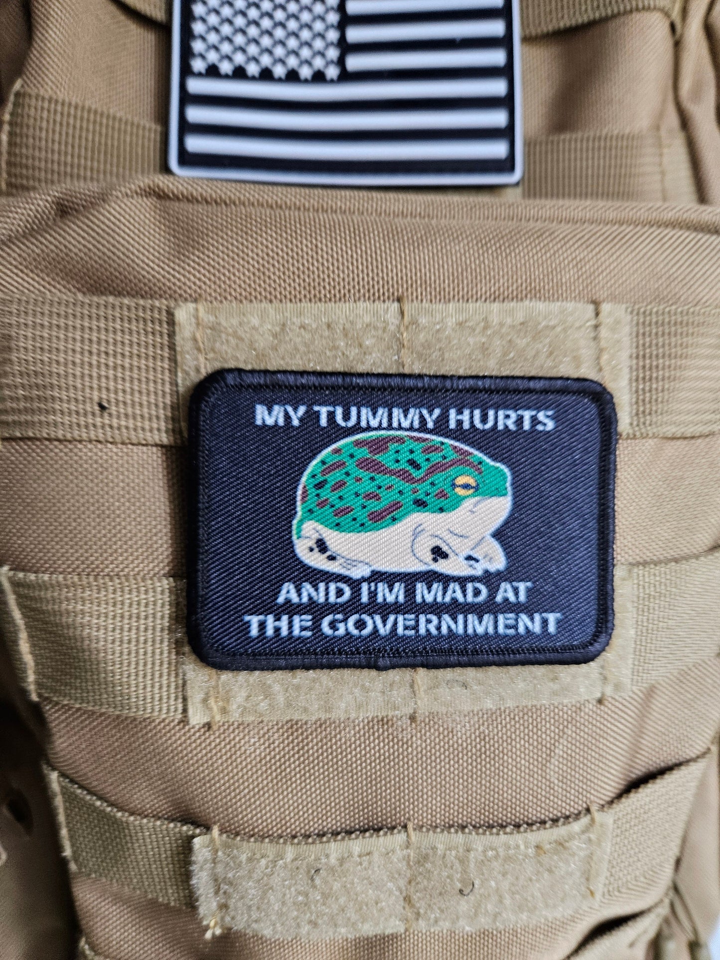 My tummy hurts and im mad at the government frog meme 2"x3" removable morale patch with hook and loop backing
