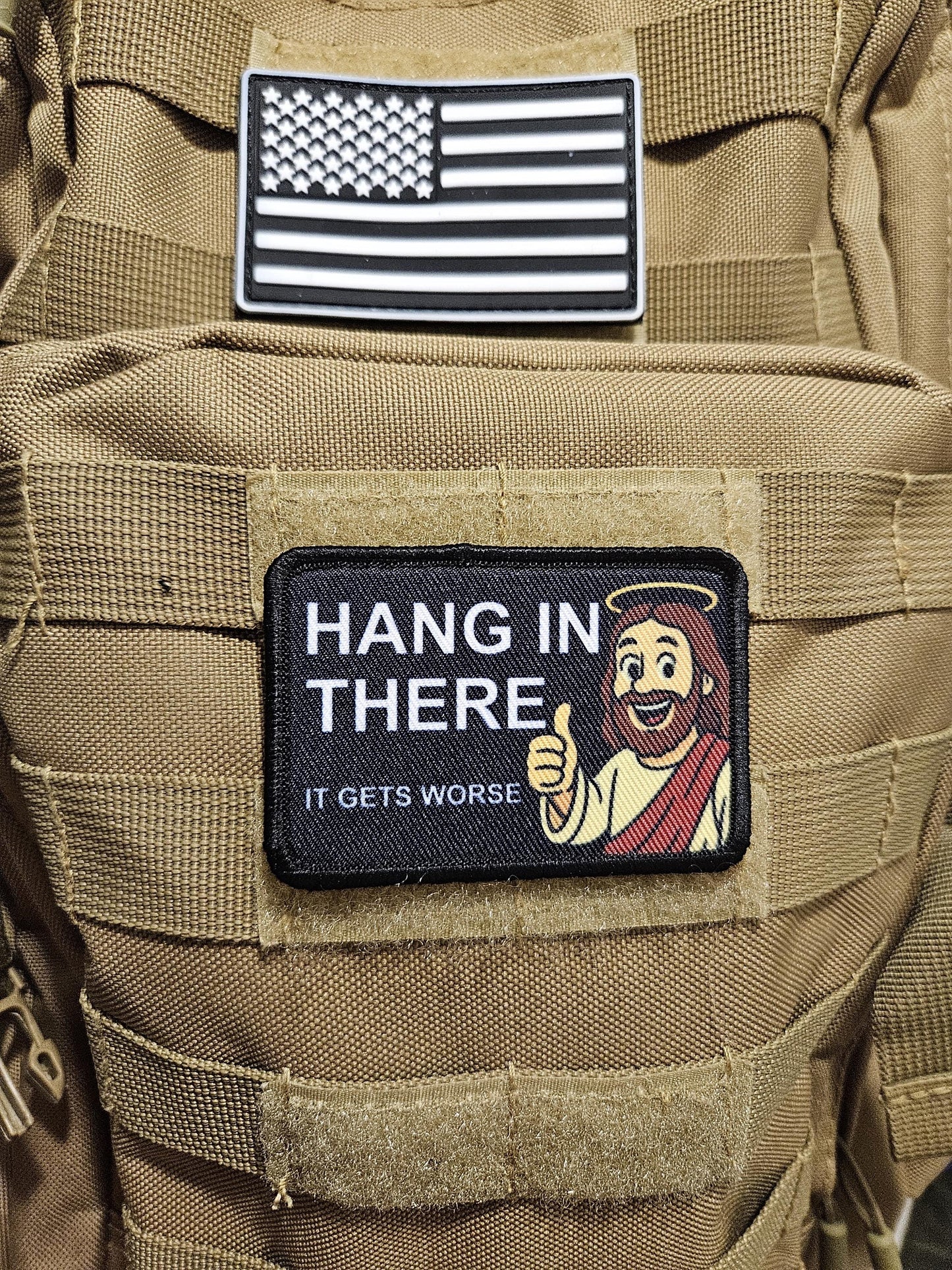 Jesus hang in there it gets worse meme 2"x3" removable morale patch with hook and loop backing black and white