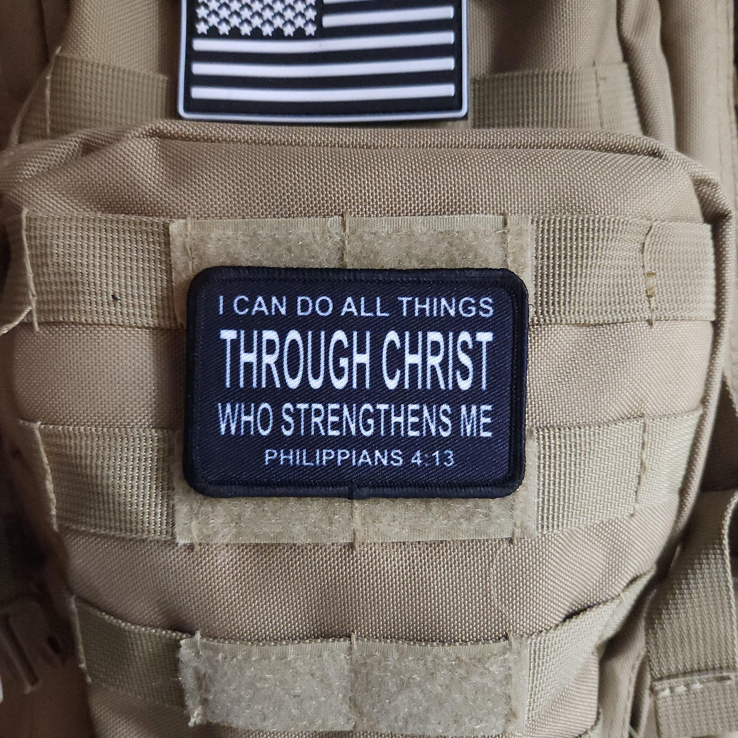 I can do all things Philippians 4:13 bible verse  2"x3" morale patch with hook and loop backing BW