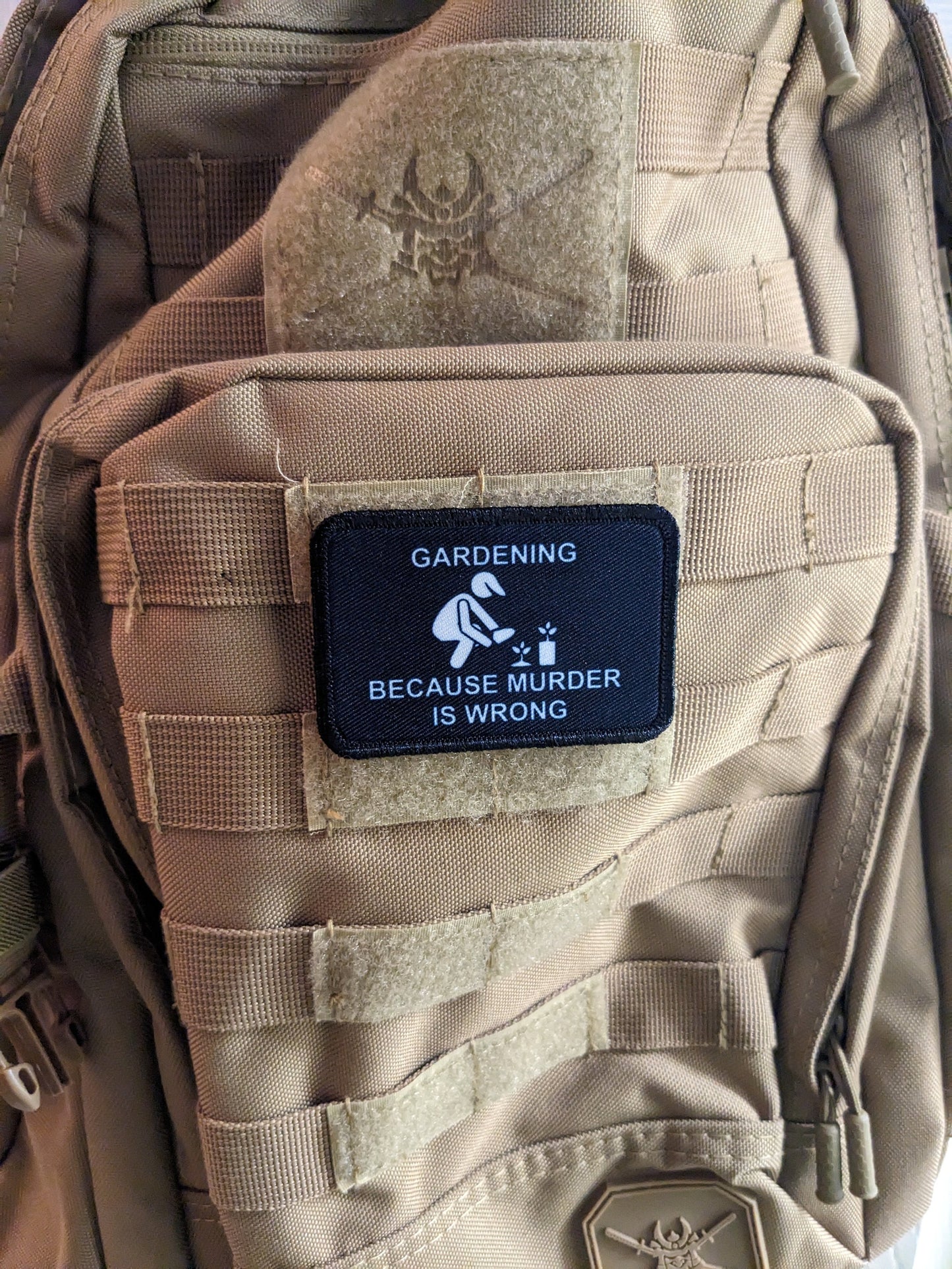 Gardening because murder is wrong funny meme 2"x3" morale patch with hook and loop backing