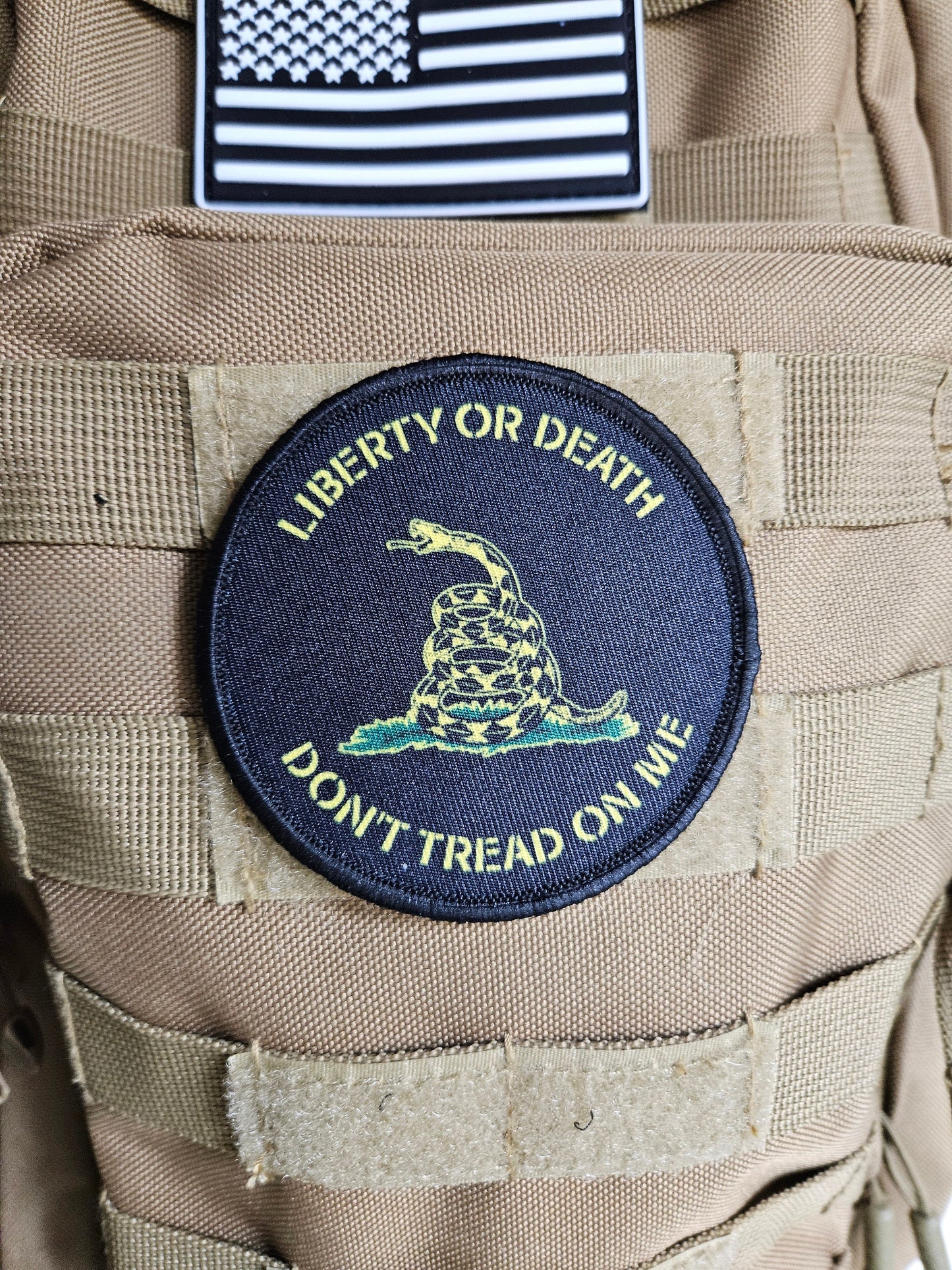 Don't tread on me Gadsden flag black 3" circle removable morale patch with hook and loop backing