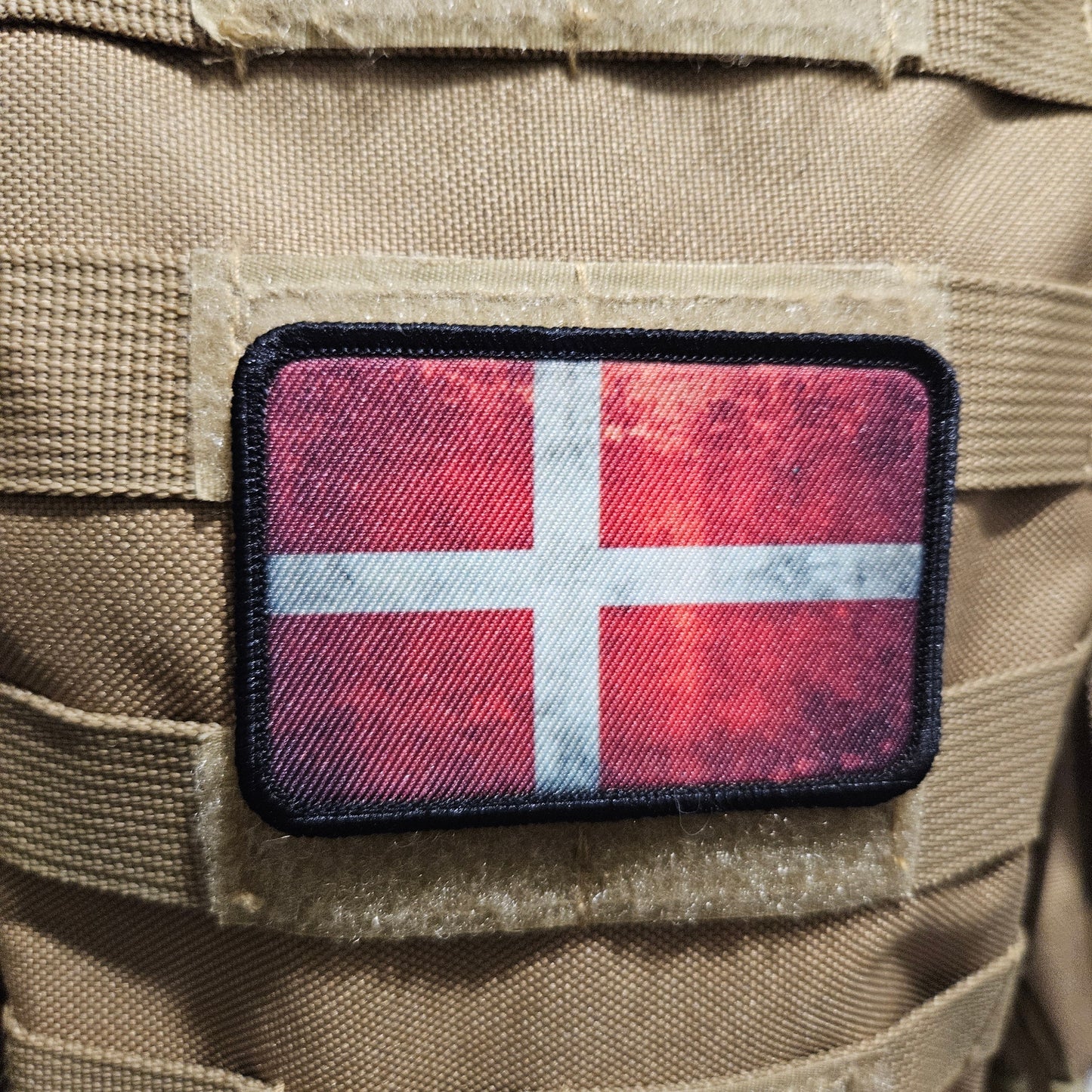 Distressed Denmark flag 2"x3" morale patch with hook and loop backing