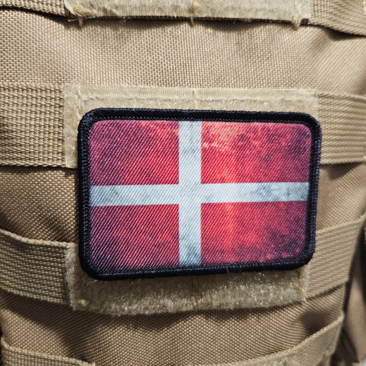 Distressed Denmark flag 2"x3" morale patch with hook and loop backing