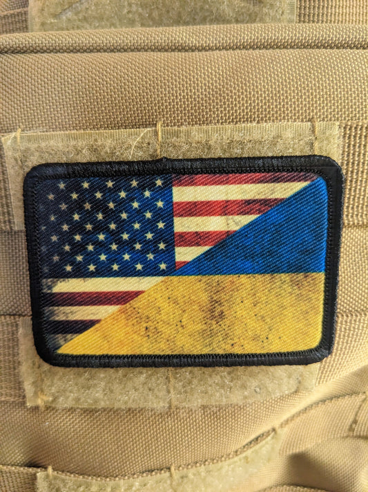 distressed USA Ukraine Flag patriotic America 2"x3" morale patch with hook and loop backing
