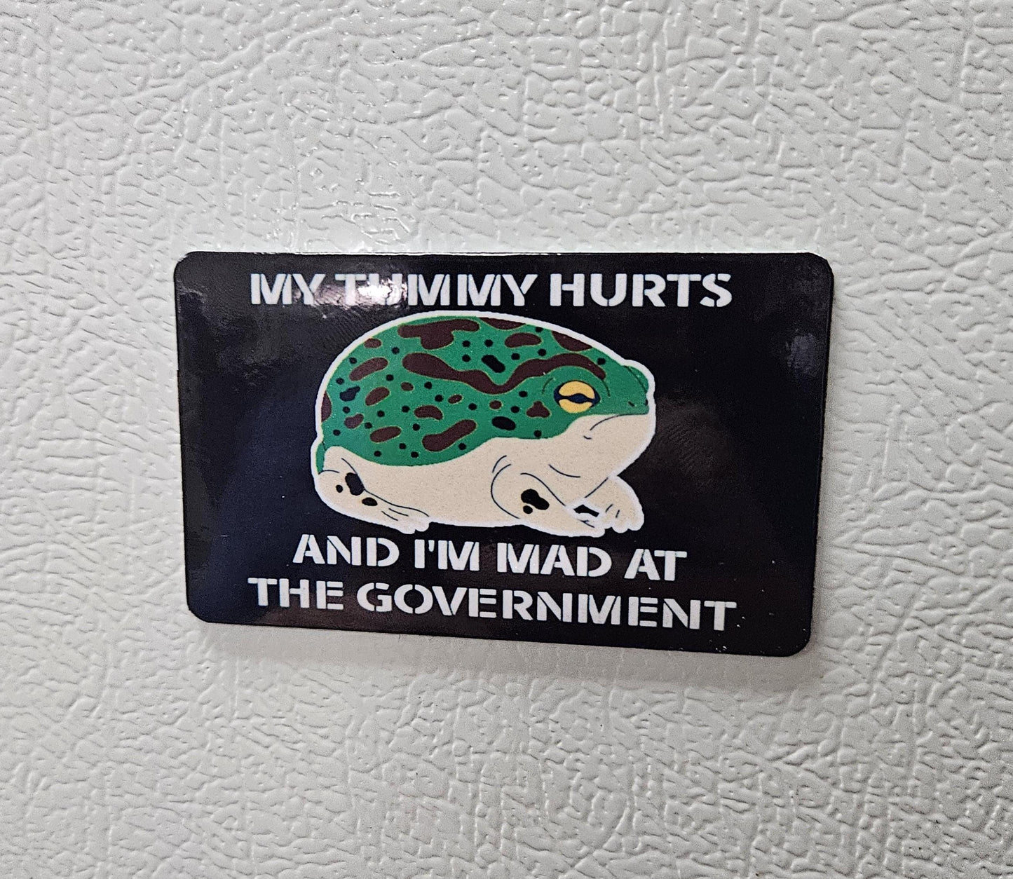My tummy hurts and i'm mad at the government frog meme fridge magnet 2x3.5" dimensions