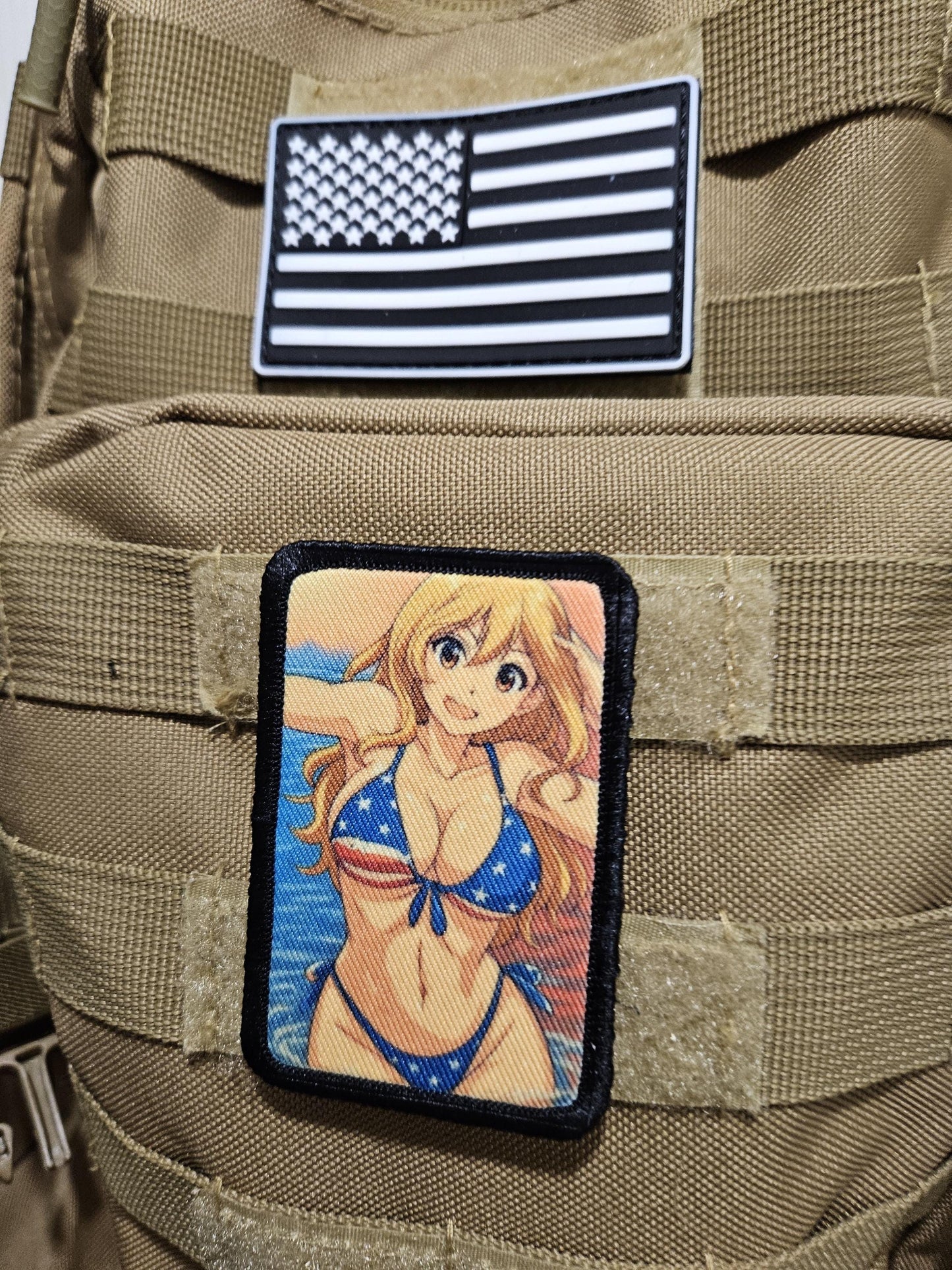 Sexy Anime girl cleavage american flag bikini waifu 2"x3"  removable morale patch with hook and loop backing