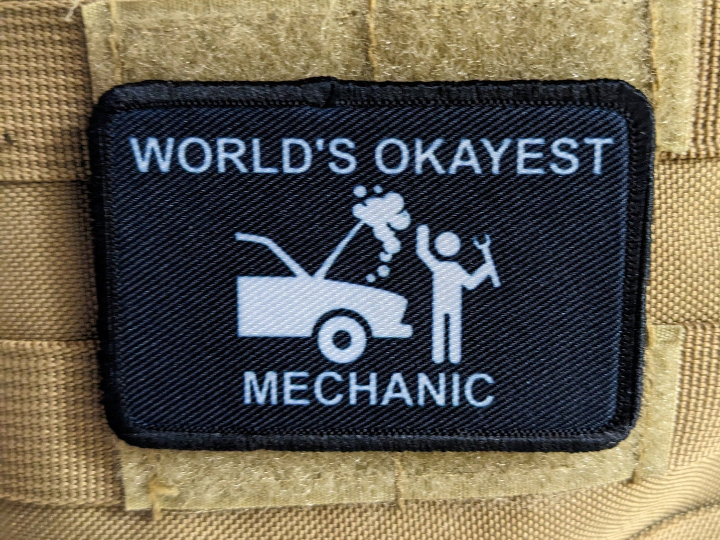 World's okayest mechanic blue collar 2"x3" morale patch with hook and loop backing