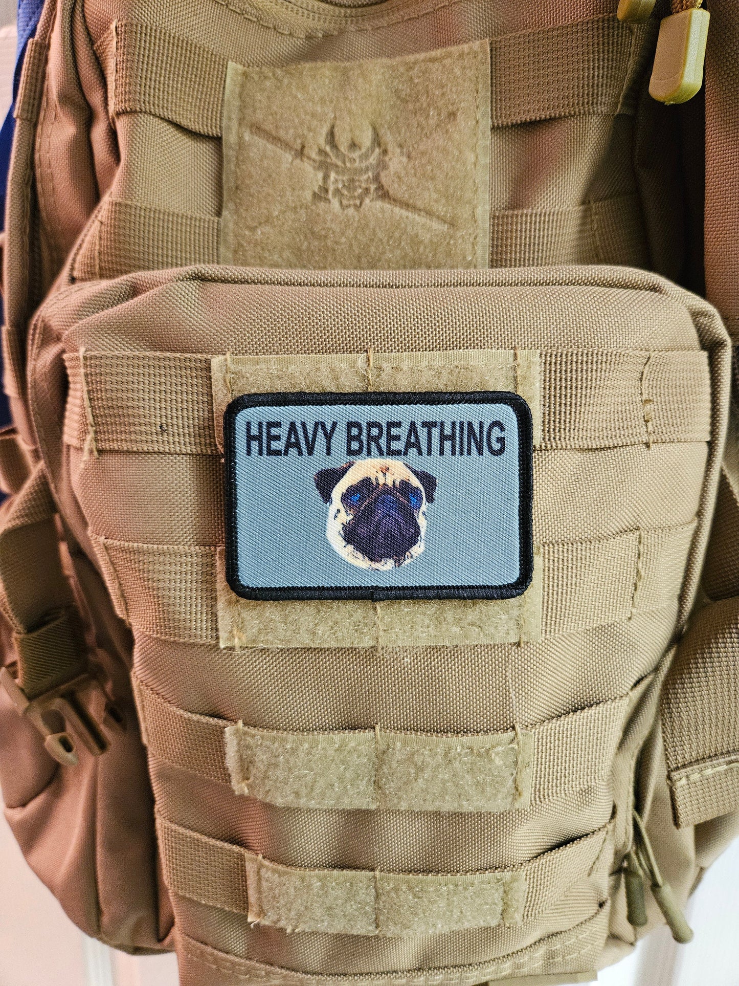 Heavy breathing  pug meme 2"x3" removable morale patch with hook and loop backing
