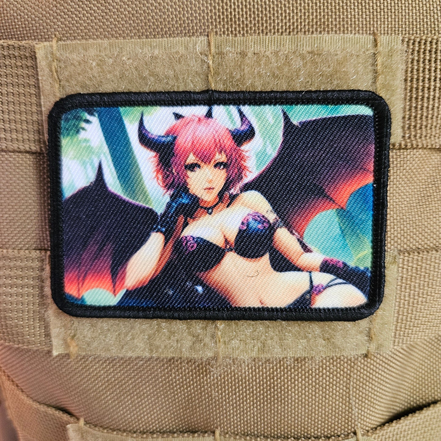 Pink haired succubus waifu Sexy Anime girl cleavage bikini 2"x3"  removable morale patch with hook and loop backing