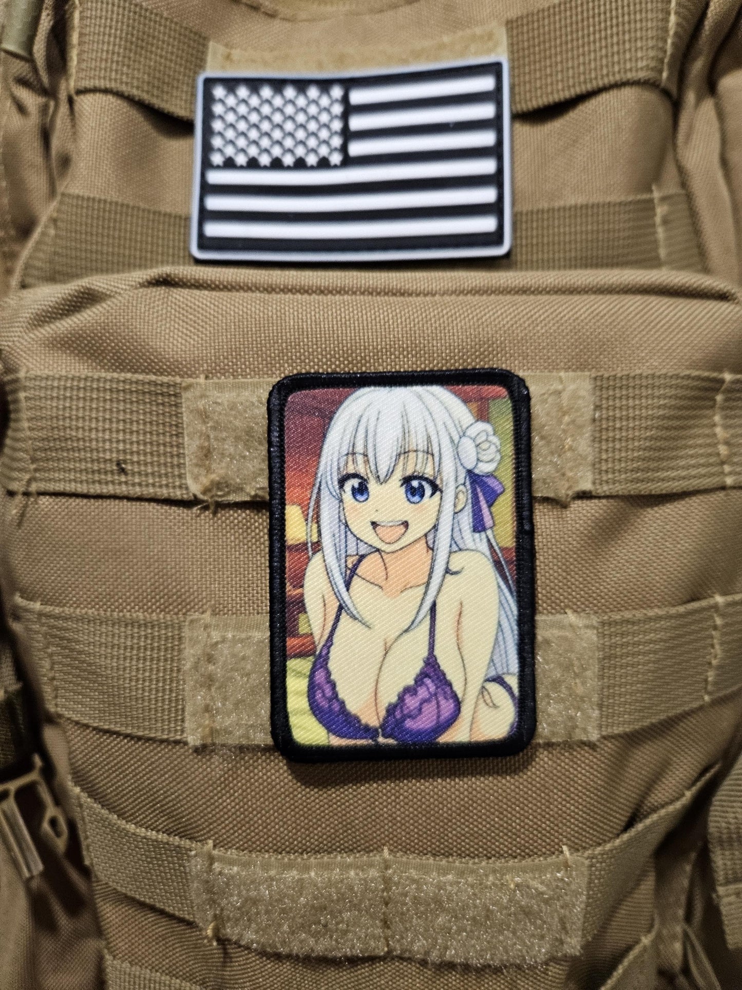 Happy Sexy Anime girl in lingerie white hair waifu 2"x3"  removable morale patch with hook and loop backing