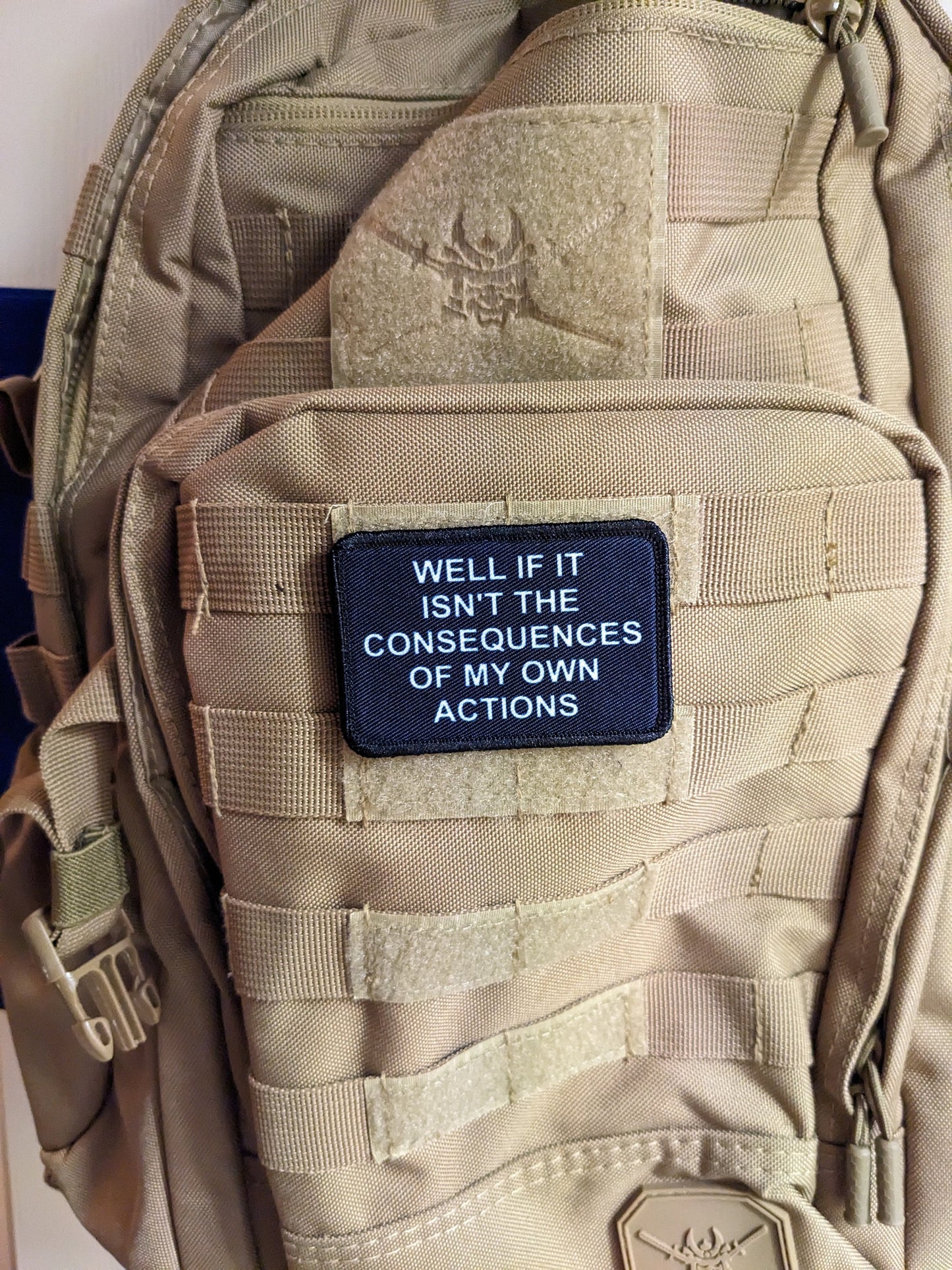 Well if it isn't the consequences of my own actions meme 2"x3" morale patch with hook and loop backing