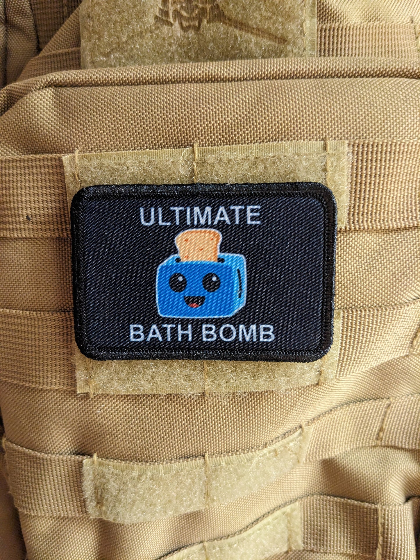 Ultimate  bath bomb toaster in the bathtub meme 2"x3" morale patch with hook and loop backing