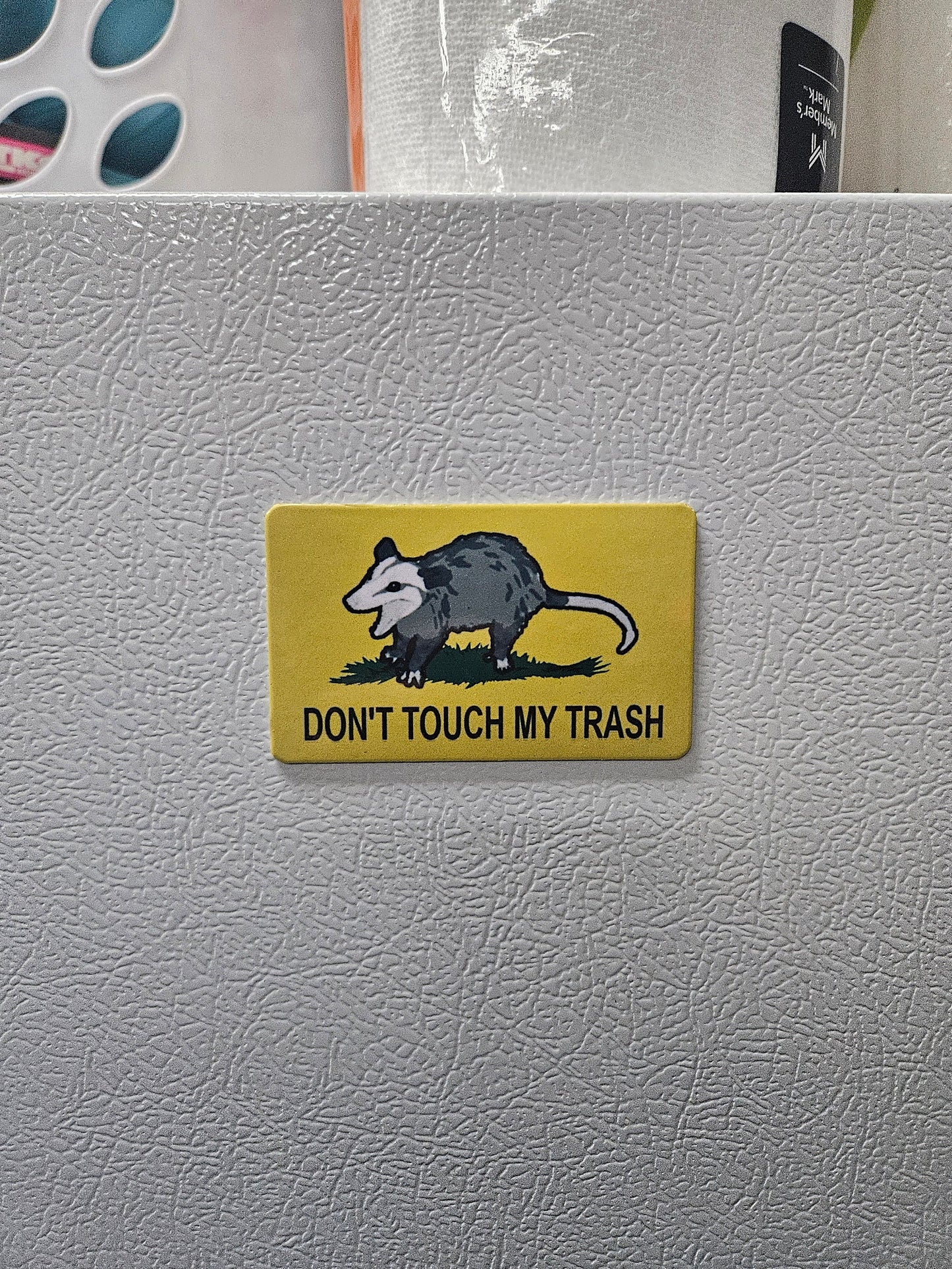 Don't touch my trash Possum Gadsden flag parody fridge magnet 2x3.5" dimensions