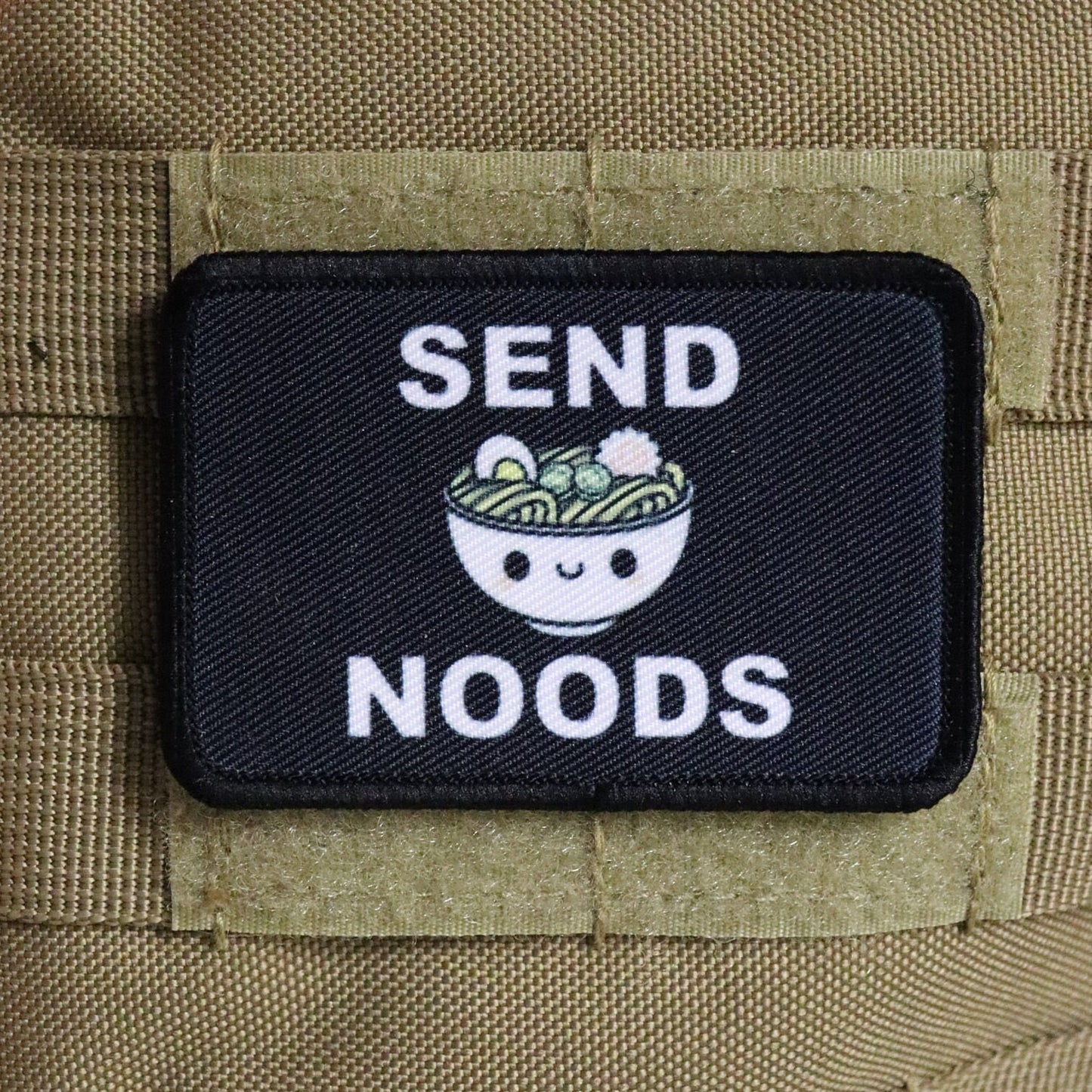 send noods ramen noodle meme cute  2"x3" morale patch with hook and loop backing