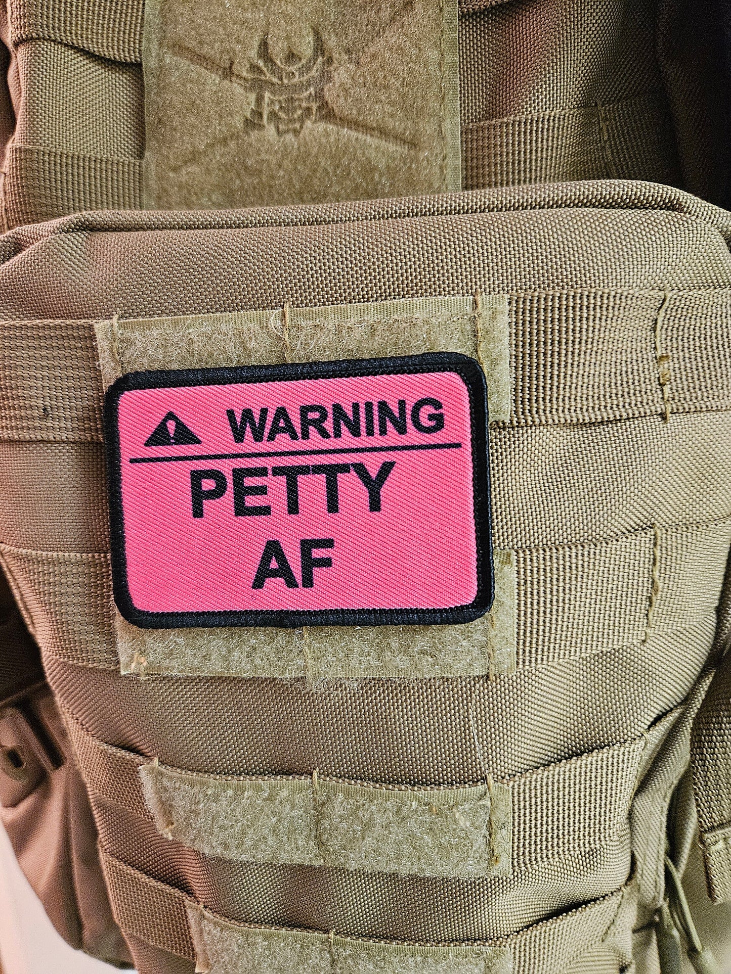 Warning petty AF meme pink 2"x3" removable morale patch with hook and loop backing