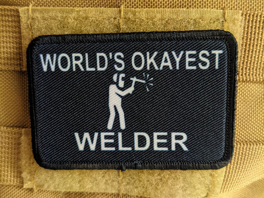 World's okayest Welder blue collar welding 2"x3" morale patch with hook and loop backing