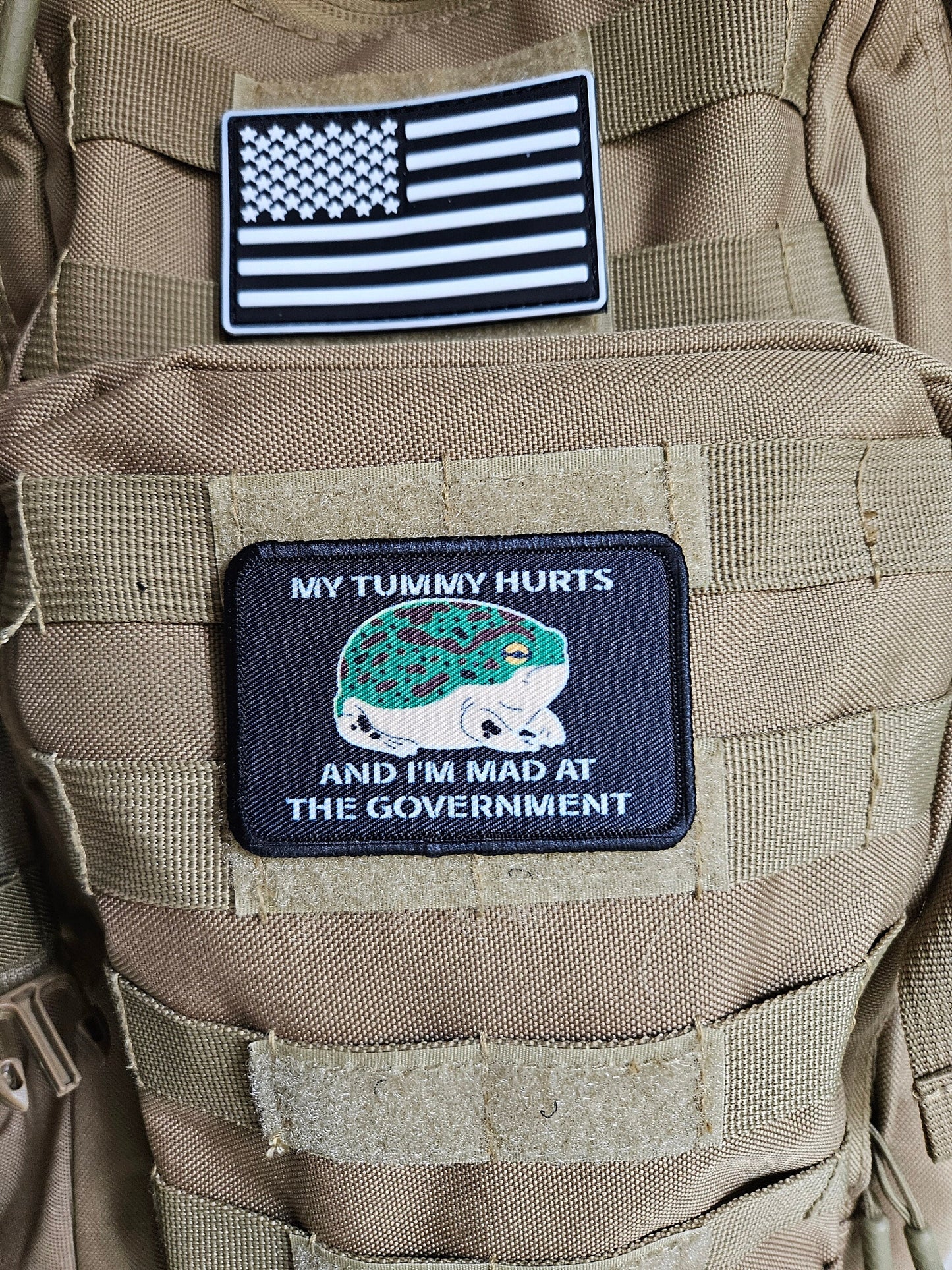 My tummy hurts and im mad at the government frog meme 2"x3" removable morale patch with hook and loop backing