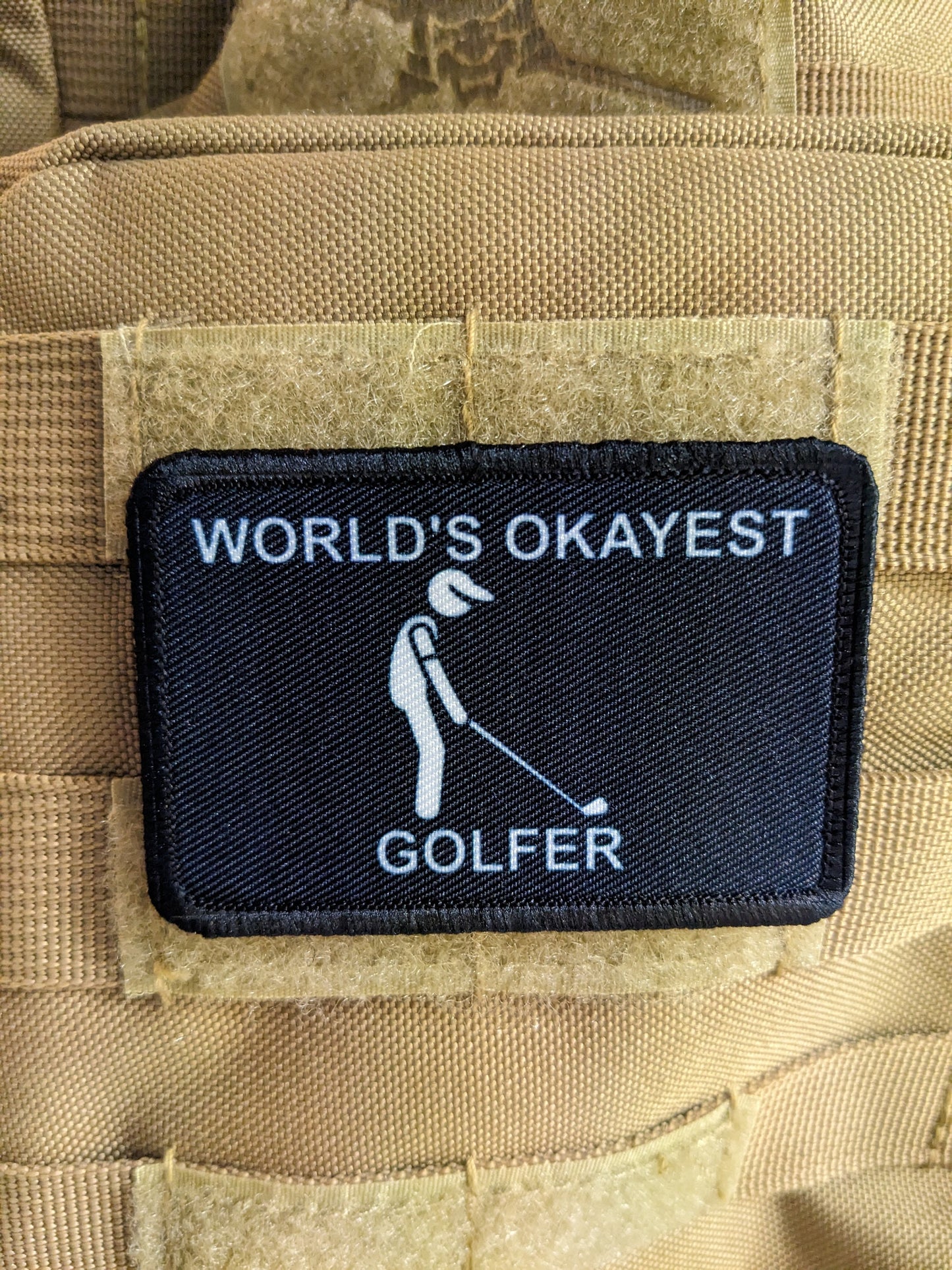 World's Okayest Golfer funny meme 2"x3" morale patch with hook and loop backing