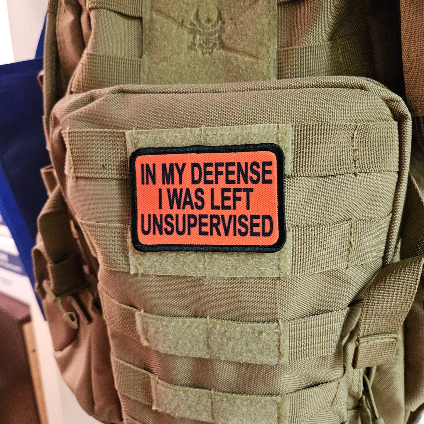 Red In My Defense I was left Unsupervised  removable patch 2"x3" morale patch with hook and loop backing