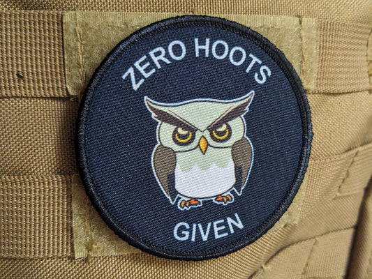 Cranky owl zero hoots given meme 3" circle removable morale patch with hook and loop backing
