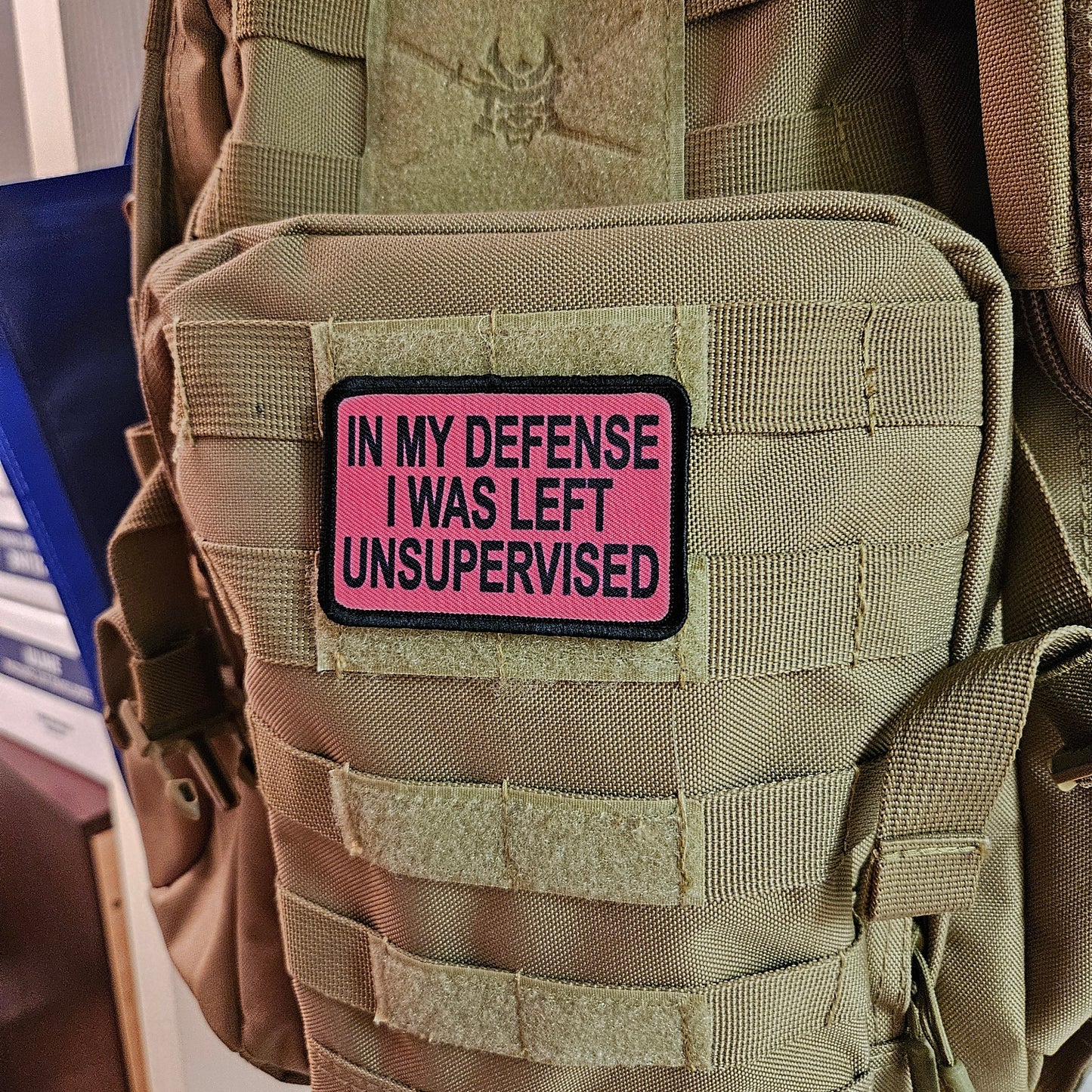 Pink In My Defense I was left Unsupervised  removable patch 2"x3" morale patch with hook and loop backing