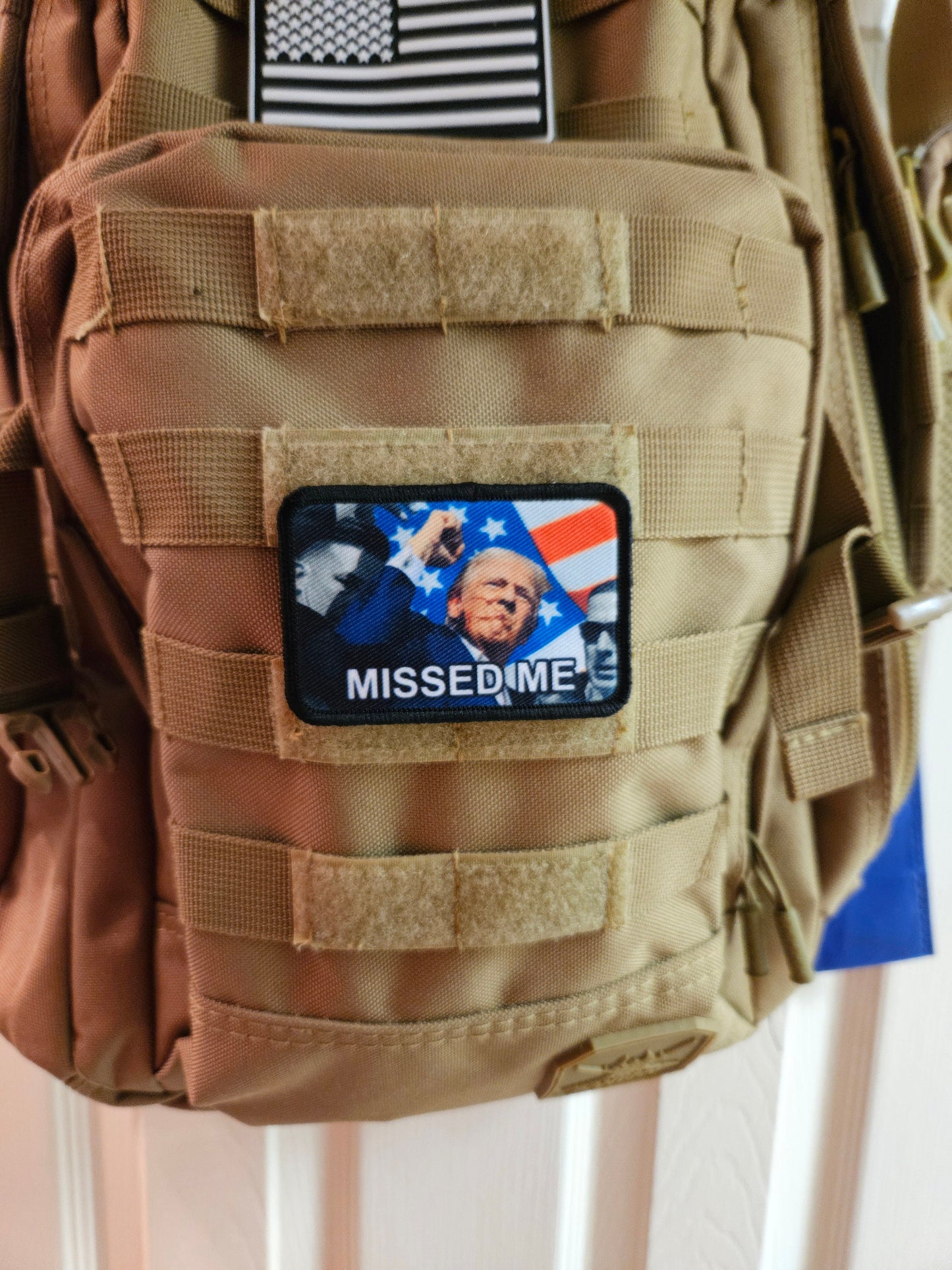trump survived Flag background fist in the air missed me  2"x3" morale patch with hook and loop backing military joke meme