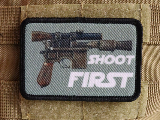 Shoot first sci fi blaster  2"x3" morale patch with hook and loop backing