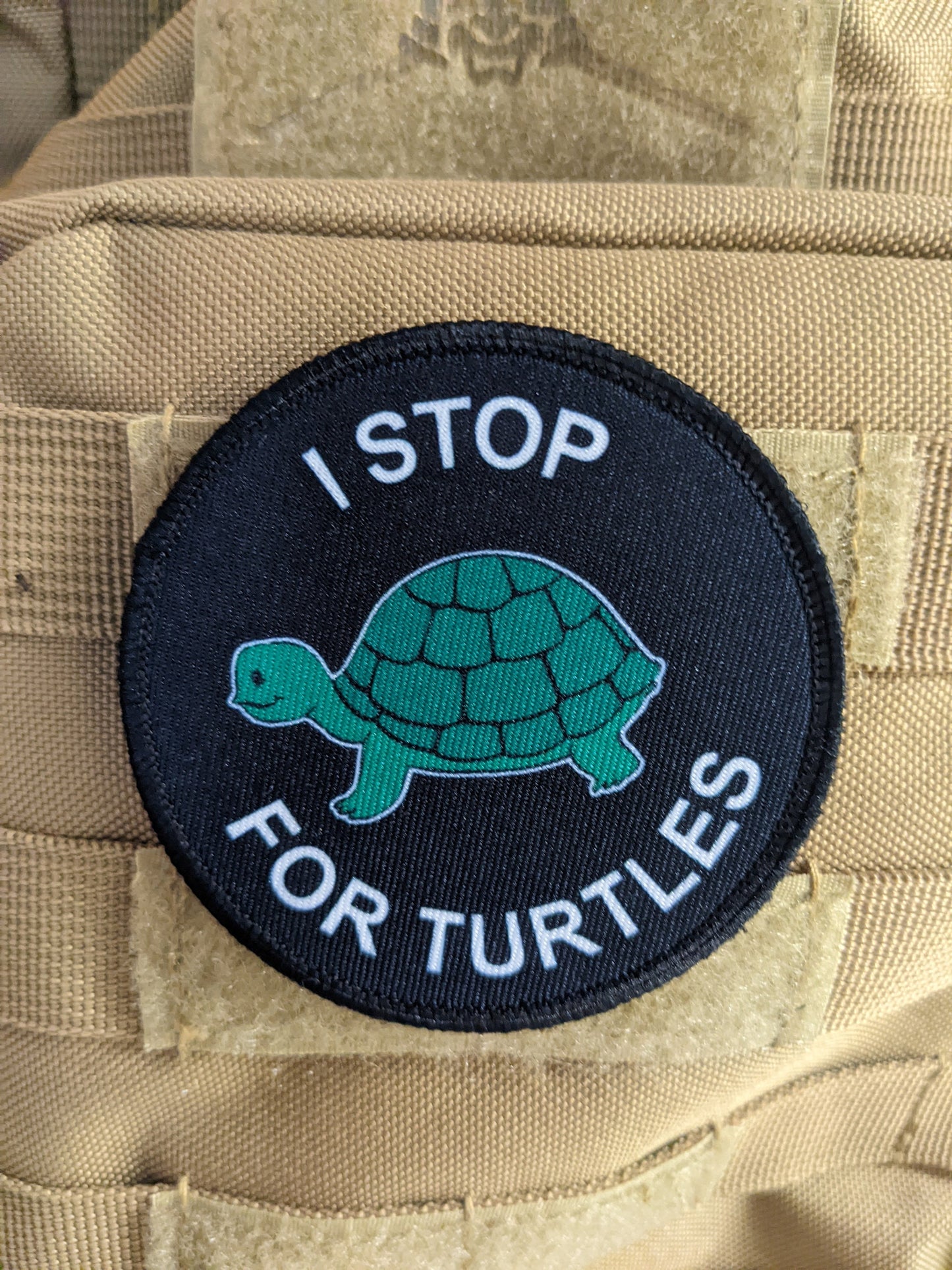 I stop for turtles save the turtles  3" circle removable morale patch with hook and loop backing