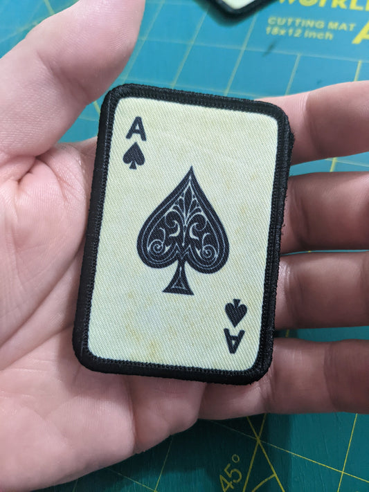 Distressed ACE OF SPADES army military navy funny 2"x3" morale patch with hook and loop backing green background