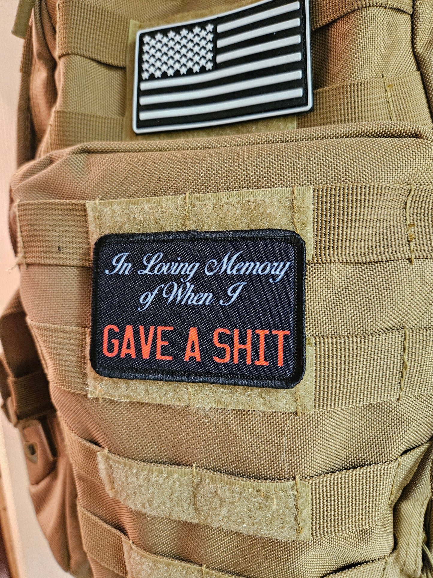 In loving memory of when i gave a shit meme 2"x3" removable morale patch with hook and loop backing