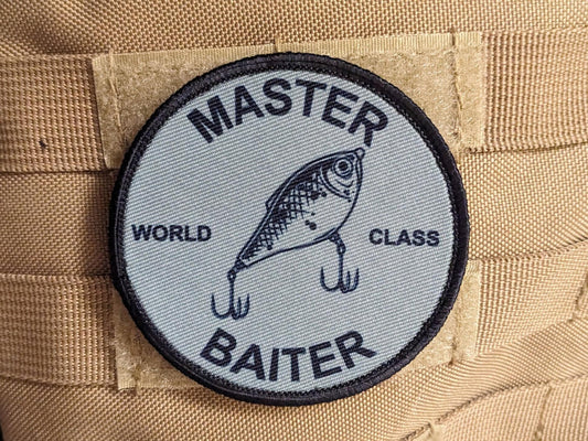 Master baiter fishing joke meme 3" circle removable morale patch with hook and loop backing