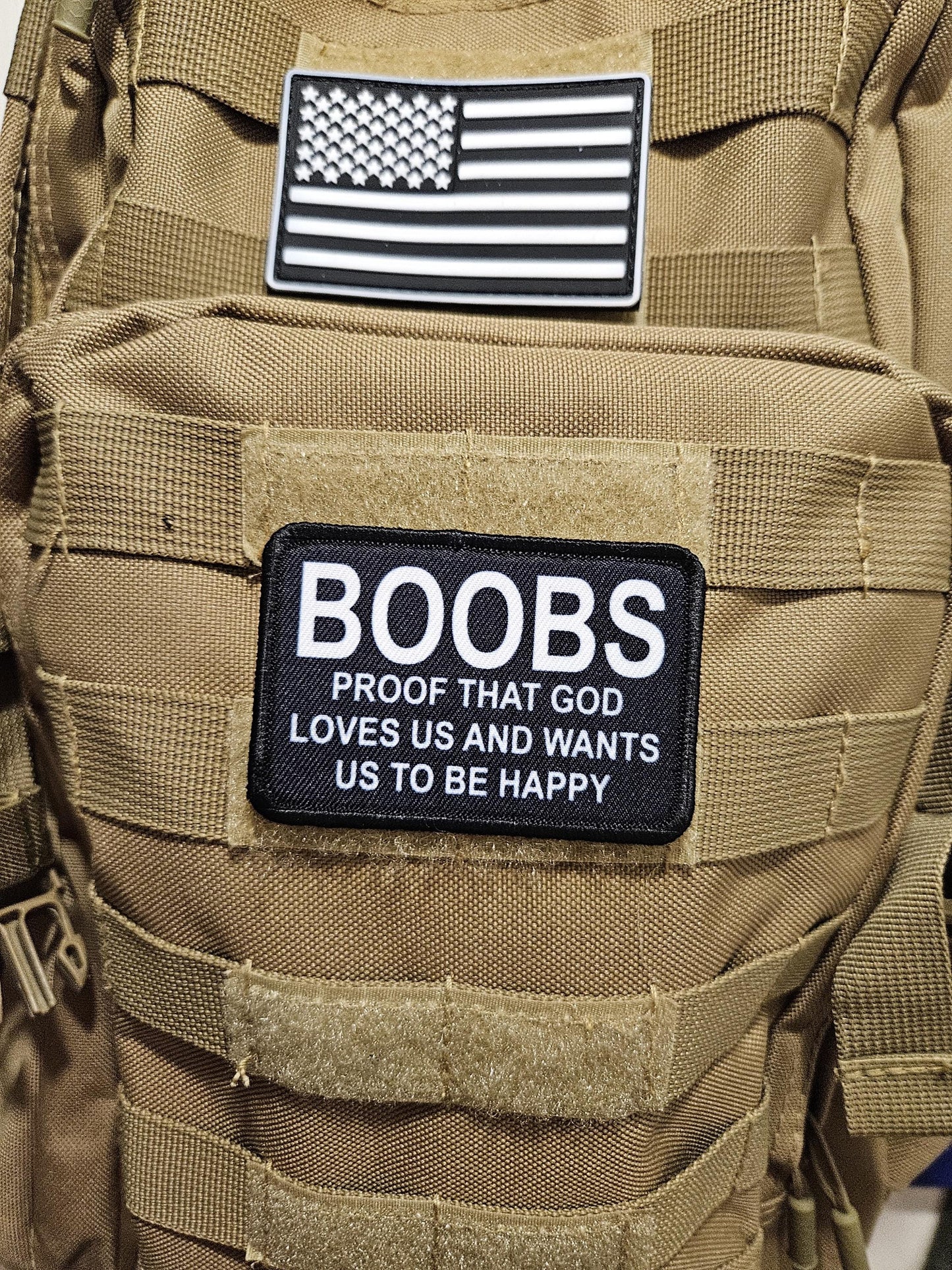 Boobs proof that God loves us and wants us to be happy meme 2"x3" removable morale patch with hook and loop backing black and white