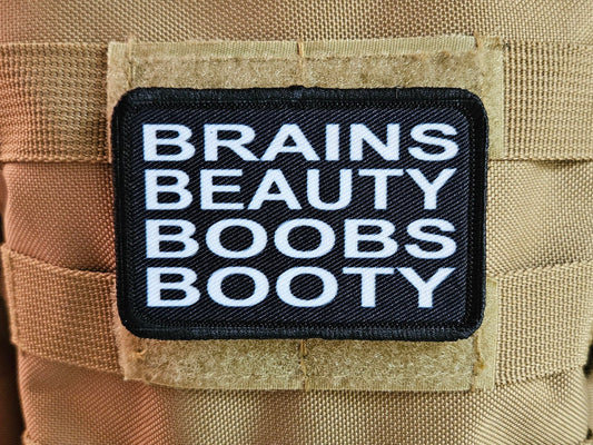 Brains beauty boobs booty women empowerment meme 2"x3" removable morale patch with hook and loop backing