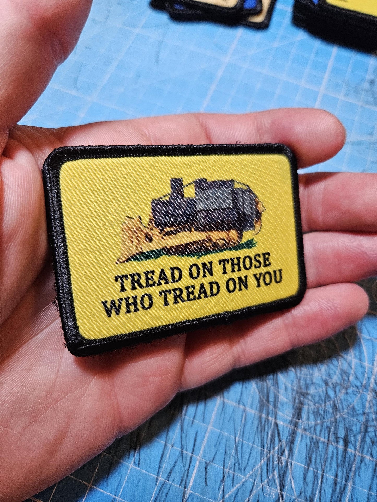 Killdozer tread on those who tread on you Gadsden flag meme  2"x3" removable morale patch with hook and loop backing