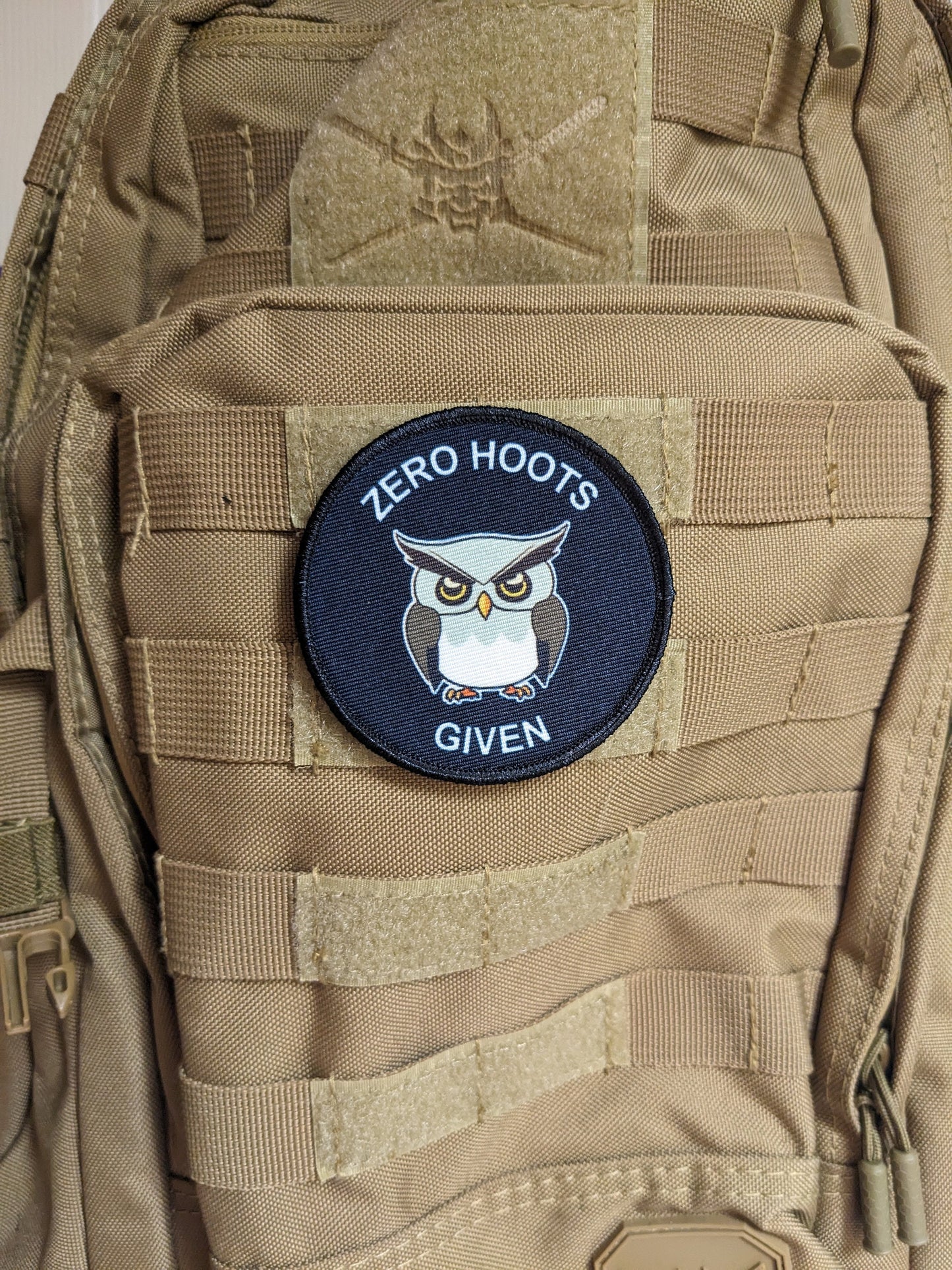 Cranky owl zero hoots given meme 3" circle removable morale patch with hook and loop backing