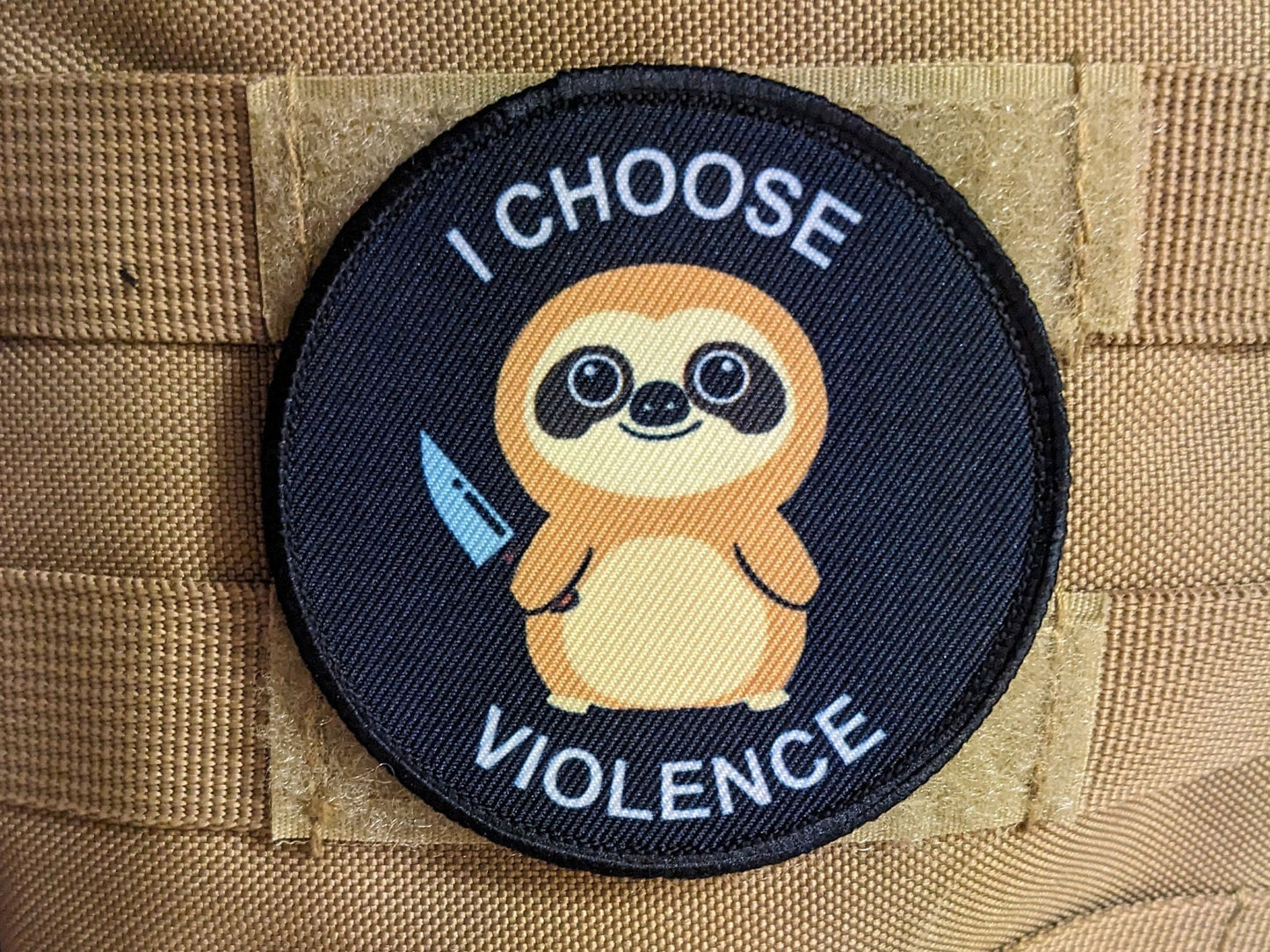 Cute sloth I choose violence meme 3" circle removable morale patch with hook and loop backing