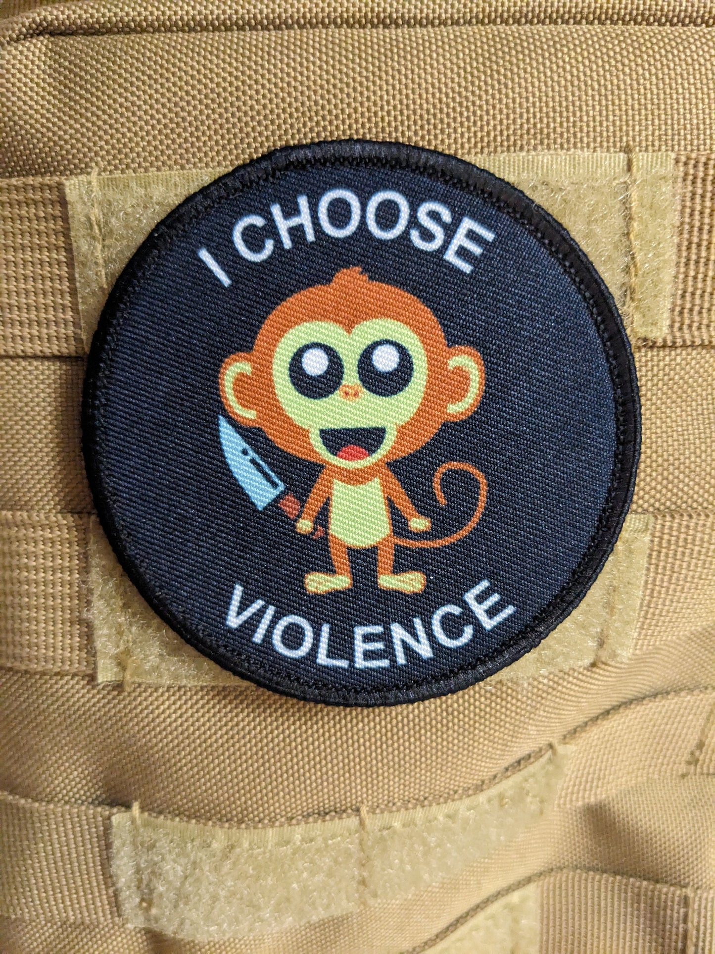 Cute monkey I choose violence meme 3" circle removable morale patch with hook and loop backing