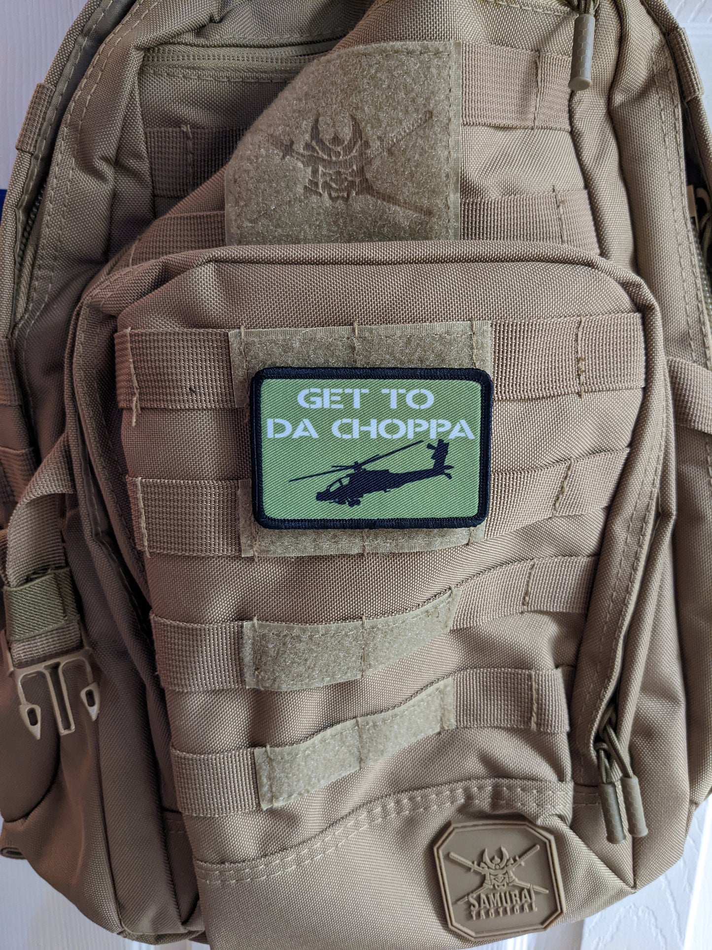Get to da Choppa meme 2"x3" morale patch with hook and loop backing removable