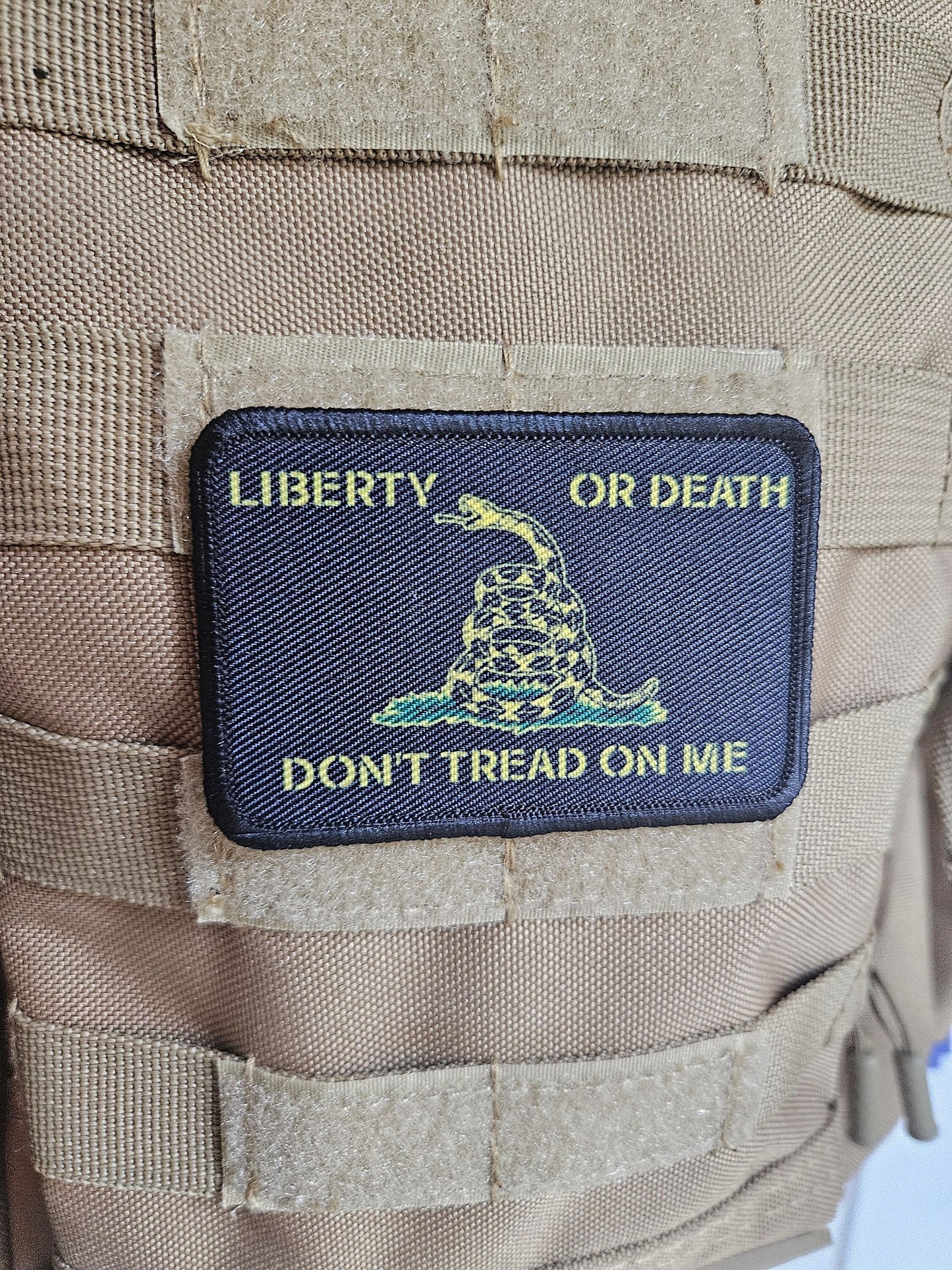 Black Liberty or death Gadsden flag don't tread on me 2"x3" morale patch with hook and loop backing