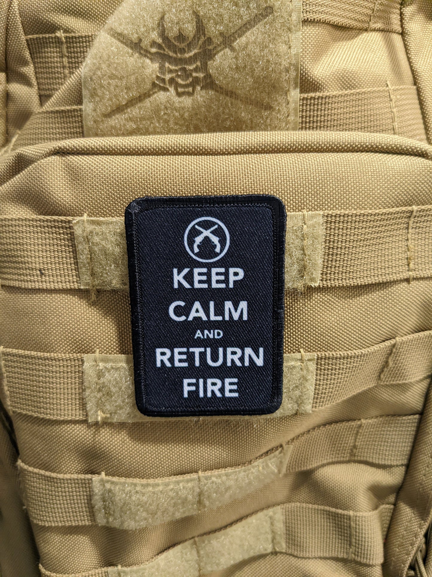 Keep calm and return fire 2nd amendment meme 2"x3" morale patch with hook and loop backing