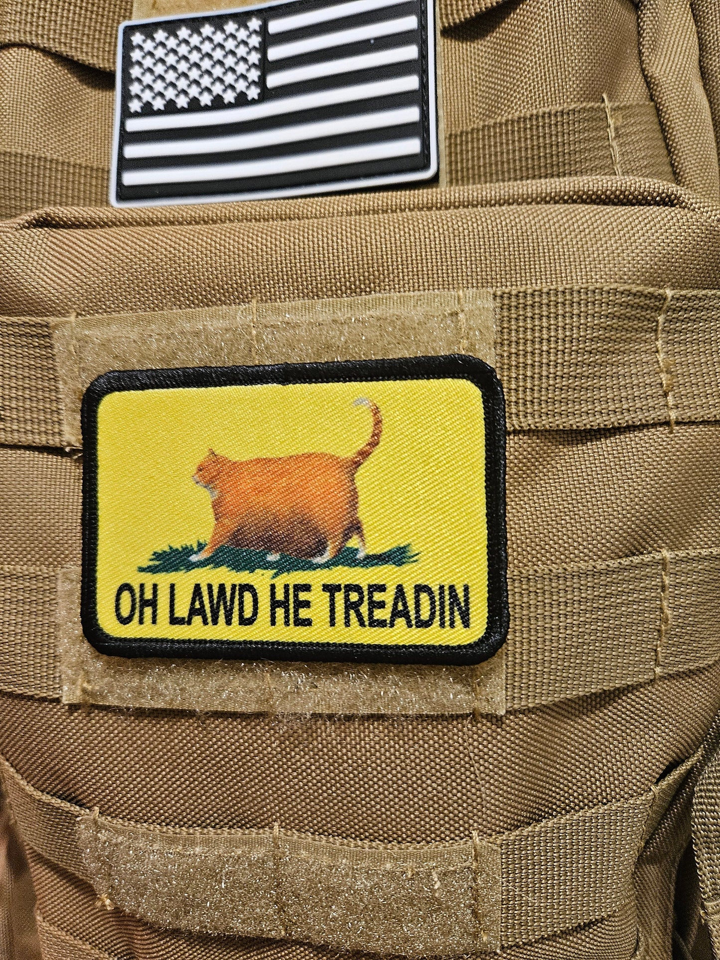Oh lawd he treadin Gadsden flag meme 2"x3" removable morale patch with hook and loop backing