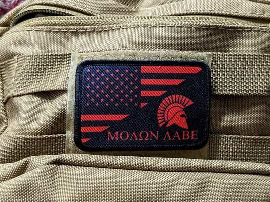 American flag Molon Labe Greek lettering 2"x3" removable morale patch with hook and loop backing good for back of operator hats