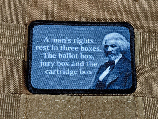 Frederick Douglas ballot box, jury box, cartridge box 2nd amendment quote on freedom 2"x3" morale patch with hook and loop backing