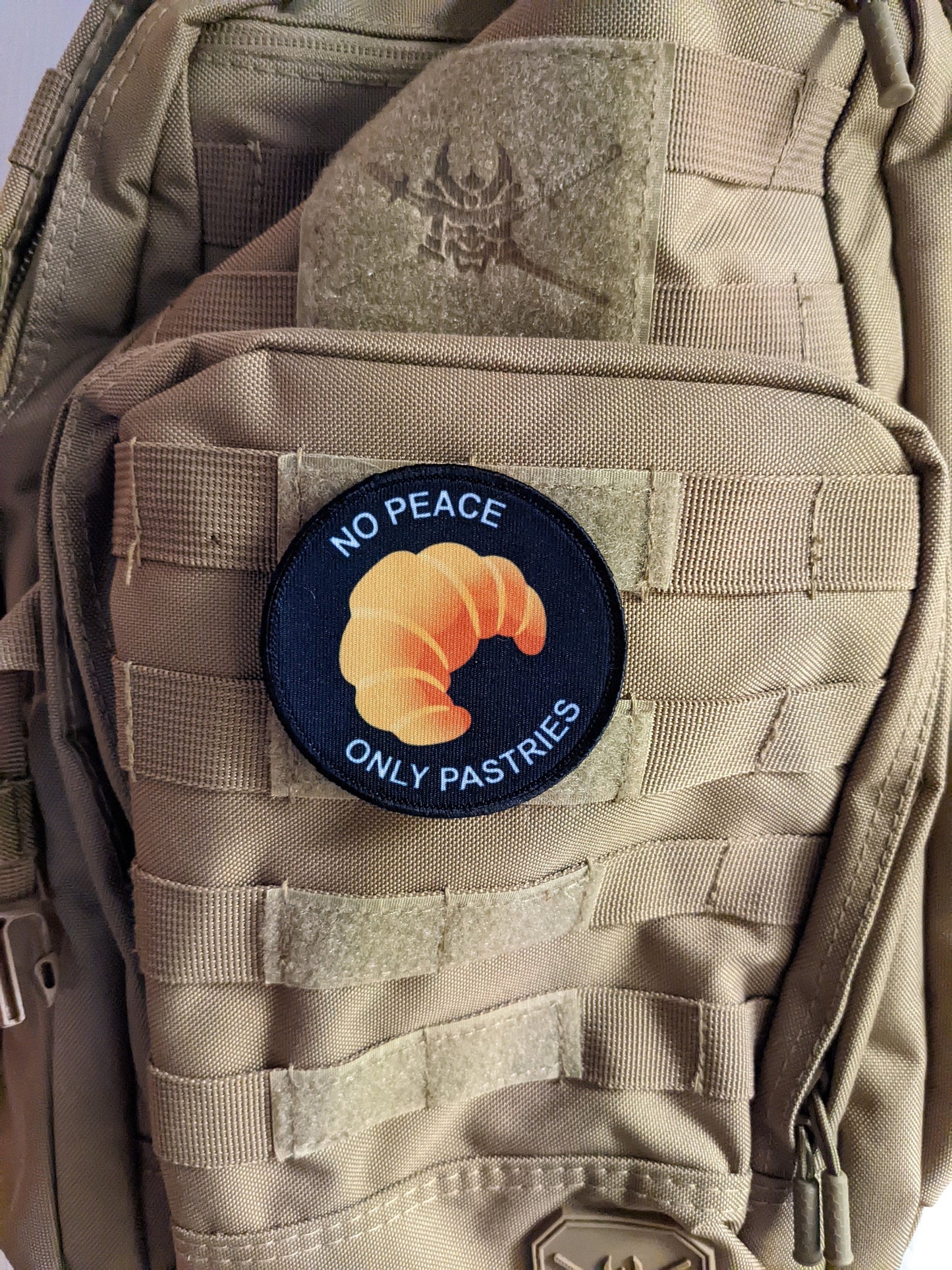 Croissant no peace only pastries 3" circle morale patch with hook and loop backing
