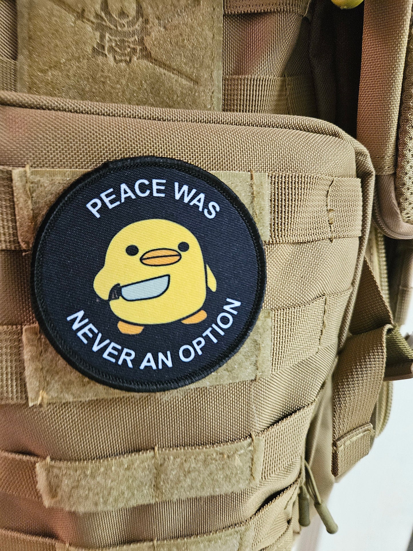 Peace was never an option duckling  with knife  meme 3" circle removable morale patch with hook and loop backing