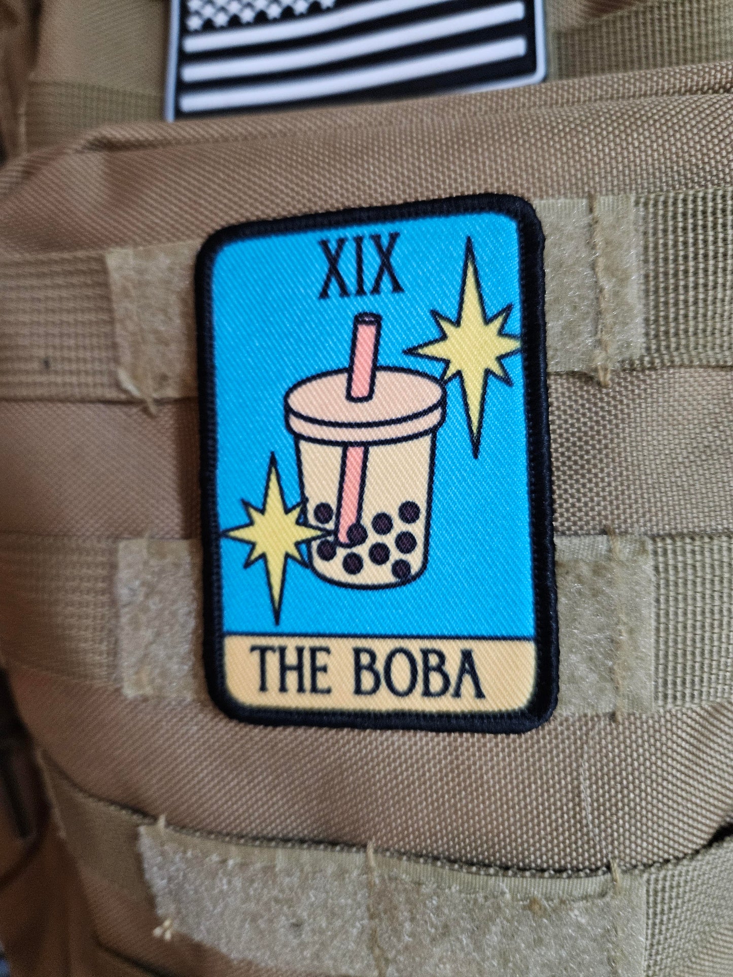 the Boba Tea tarot card funny cute  2"x3" morale patch with hook and loop backing
